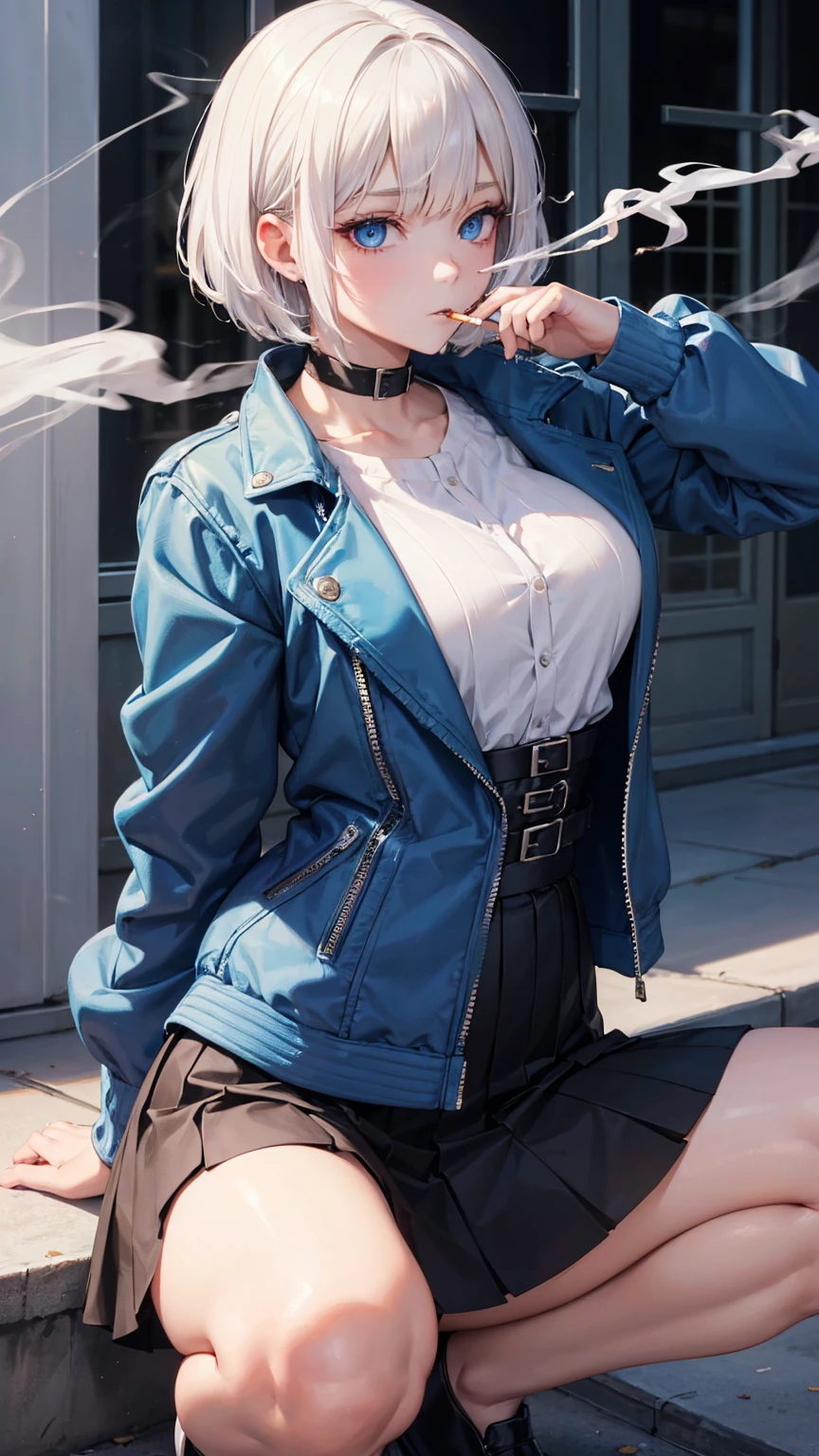 High resolution, Highest quality,  super high quality, Ultra-detailed,( Woman smoking cigarette:1.3)、 Bobcut、White Hair、Blue eyes、Crouching、Riders jacket、Black Mini Skirt、Beautiful Skin、Beautiful Face、Beautiful Eyes