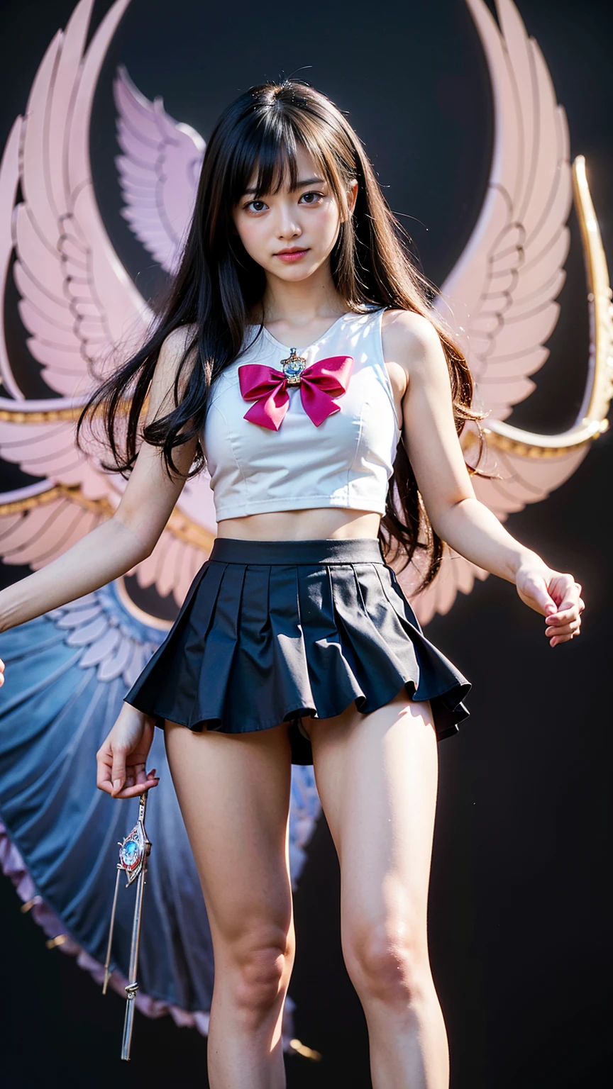 (8k、RAW Photos、Highest quality、masterpiece:1.2)、(Realistic、Realistic)、1 Girl、((Magical Girl Costumes:1.2、Thin legs、whole body、View from the front、smile、Looking into the camera、Hold your skirt with both hands and show me your black panties))、cute