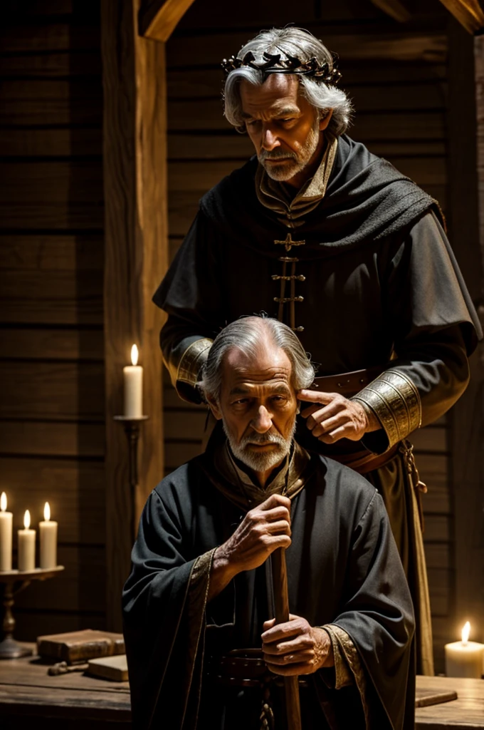 Setting set in medieval times.
Very thin old sorcerer without eyes with a wooden crown