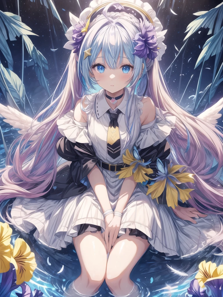pretty, anime, pastel, neon, vtuber-fullbody vtuber-halfbody, kawaii Masterpiece, young woman, sitting down, parted lips, black eyes, fluffy curly hair, bangs, ahoge, light brown hair, rosy cheeks, short sleeve, black and purple dress, puffy sleeves, black gloves, purple ribbons, ((faded iris)), myceliumtech, scifi, Mycelia, spongy, PsychedelicMasterpiece, ((Faded iris)), flowers, smile, water effect, ahoge, looking up, upper view, yuki miku, very long blue hair, twintails, hair ornament, blue eyes, kawaii looking upupper viewhair ornament(masterpiece:1.2), (hires:1.2), (better hands:1.2), beautiful hands, perfect anatomy, holding star, 1boy, antenna hair, choker, white jacket, shoulder-belt, collared shirt, ear piercing, chain earrings, gradient, stars hair ornament, male focus, multicolored hair, purple hair, yellow strands, yellow necktie, (eye1 purple, eye2 yellow, heterochromia), starlight, starMasterpiece, young girl, white hair, fluffy hair, ahoge, medium length hair, bird feathers, sky, jungle, feather ears, white bird wings, vibrant colors, flowers, flower crown, leaves, white silk dress, detailed sleeves, strewn plants, hair over eyes, butterfly style, more_details:-1, more_details:0, more_details:0.5, more_details:1, more_details:1.5, (((ultra detailed))), softcore, kawaii,