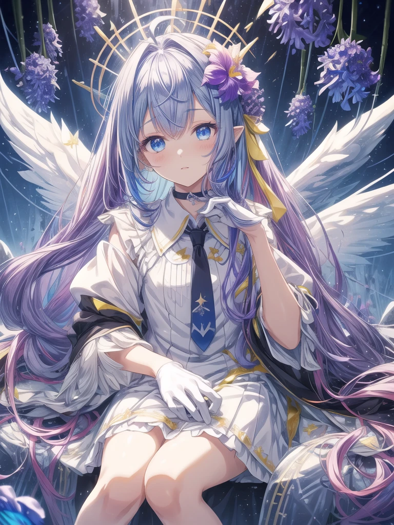 pretty, anime, pastel, neon, vtuber-fullbody vtuber-halfbody, kawaii Masterpiece, young woman, sitting down, parted lips, black eyes, fluffy curly hair, bangs, ahoge, light brown hair, rosy cheeks, short sleeve, black and purple dress, puffy sleeves, black gloves, purple ribbons, ((faded iris)), myceliumtech, scifi, Mycelia, spongy, PsychedelicMasterpiece, ((Faded iris)), flowers, smile, water effect, ahoge, looking up, upper view, yuki miku, very long blue hair, twintails, hair ornament, blue eyes, kawaii looking upupper viewhair ornament(masterpiece:1.2), (hires:1.2), (better hands:1.2), beautiful hands, perfect anatomy, holding star, 1boy, antenna hair, choker, white jacket, shoulder-belt, collared shirt, ear piercing, chain earrings, gradient, stars hair ornament, male focus, multicolored hair, purple hair, yellow strands, yellow necktie, (eye1 purple, eye2 yellow, heterochromia), starlight, starMasterpiece, young girl, white hair, fluffy hair, ahoge, medium length hair, bird feathers, sky, jungle, feather ears, white bird wings, vibrant colors, flowers, flower crown, leaves, white silk dress, detailed sleeves, strewn plants, hair over eyes, butterfly style, more_details:-1, more_details:0, more_details:0.5, more_details:1, more_details:1.5, (((ultra detailed))), softcore, kawaii, 