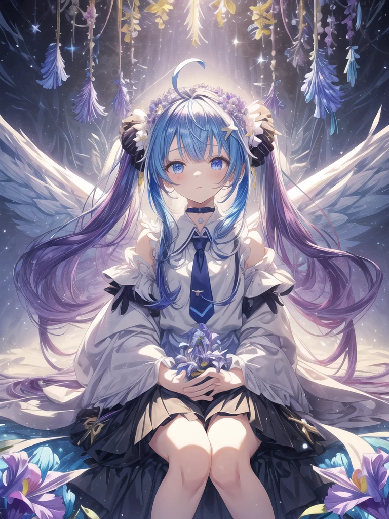 pretty, anime, pastel, neon, vtuber-fullbody vtuber-halfbody, kawaii Masterpiece, young woman, sitting down, parted lips, black eyes, fluffy curly hair, bangs, ahoge, light brown hair, rosy cheeks, short sleeve, black and purple dress, puffy sleeves, black gloves, purple ribbons, ((faded iris)), myceliumtech, scifi, Mycelia, spongy, PsychedelicMasterpiece, ((Faded iris)), flowers, smile, water effect, ahoge, looking up, upper view, yuki miku, very long blue hair, twintails, hair ornament, blue eyes, kawaii looking upupper viewhair ornament(masterpiece:1.2), (hires:1.2), (better hands:1.2), beautiful hands, perfect ???????, holding star, 1boy, antenna hair, choker, white jacket, shoulder-belt, collared shirt, ear piercing, chain earrings, gradient, stars hair ornament, male focus, multicolored hair, purple hair, yellow strands, yellow necktie, (eye1 purple, eye2 yellow, heterochromia), starlight, starMasterpiece, young girl, white hair, fluffy hair, ahoge, medium length hair, bird feathers, sky, jungle, feather ears, white bird wings, vibrant colors, flowers, flower crown, leaves, white silk dress, detailed sleeves, strewn plants, hair over eyes, butterfly style, more_details:-1, more_details:0, more_details:0.5, more_details:1, more_details:1.5, (((ultra detailed))), softcore, kawaii, 