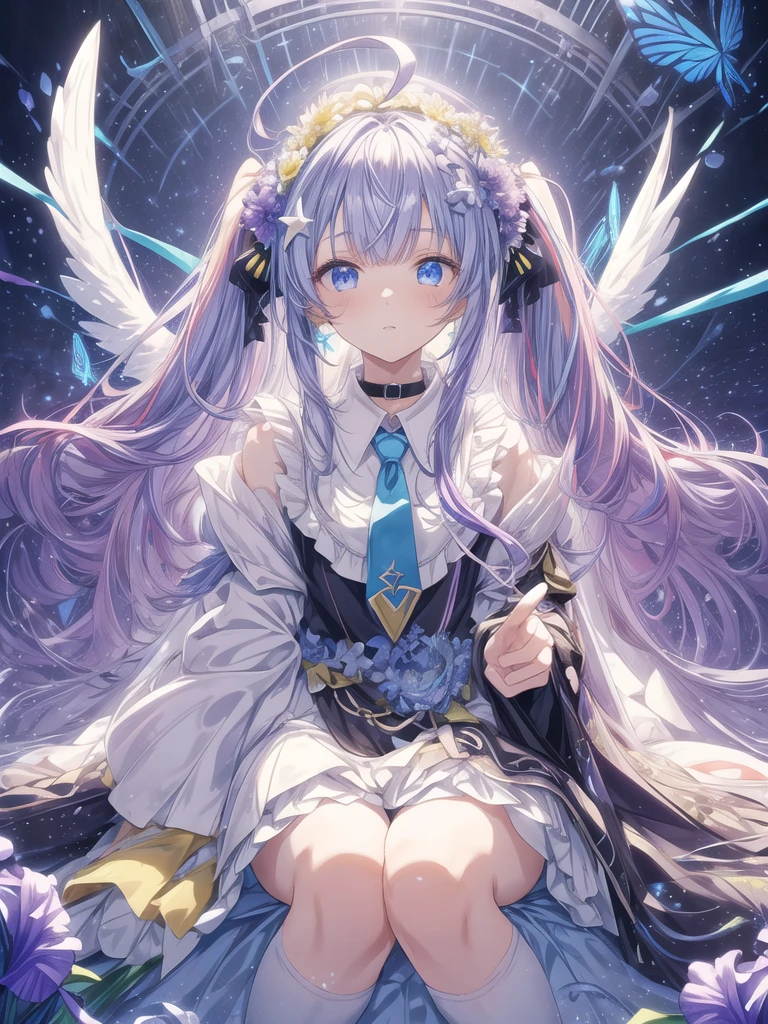 pretty, anime, pastel, neon, vtuber-fullbody vtuber-halfbody, kawaii Masterpiece, young woman, sitting down, parted lips, black eyes, fluffy curly hair, bangs, ahoge, light brown hair, rosy cheeks, short sleeve, black and purple dress, puffy sleeves, black gloves, purple ribbons, ((faded iris)), myceliumtech, scifi, Mycelia, spongy, PsychedelicMasterpiece, ((Faded iris)), flowers, smile, water effect, ahoge, looking up, upper view, yuki miku, very long blue hair, twintails, hair ornament, blue eyes, kawaii looking upupper viewhair ornament(masterpiece:1.2), (hires:1.2), (better hands:1.2), beautiful hands, perfect anatomy, holding star, 1boy, antenna hair, choker, white jacket, shoulder-belt, collared shirt, ear piercing, chain earrings, gradient, stars hair ornament, male focus, multicolored hair, purple hair, yellow strands, yellow necktie, (eye1 purple, eye2 yellow, heterochromia), starlight, starMasterpiece, young girl, white hair, fluffy hair, ahoge, medium length hair, bird feathers, sky, jungle, feather ears, white bird wings, vibrant colors, flowers, flower crown, leaves, white silk dress, detailed sleeves, strewn plants, hair over eyes, butterfly style, more_details:-1, more_details:0, more_details:0.5, more_details:1, more_details:1.5, (((ultra detailed))), softcore, kawaii,