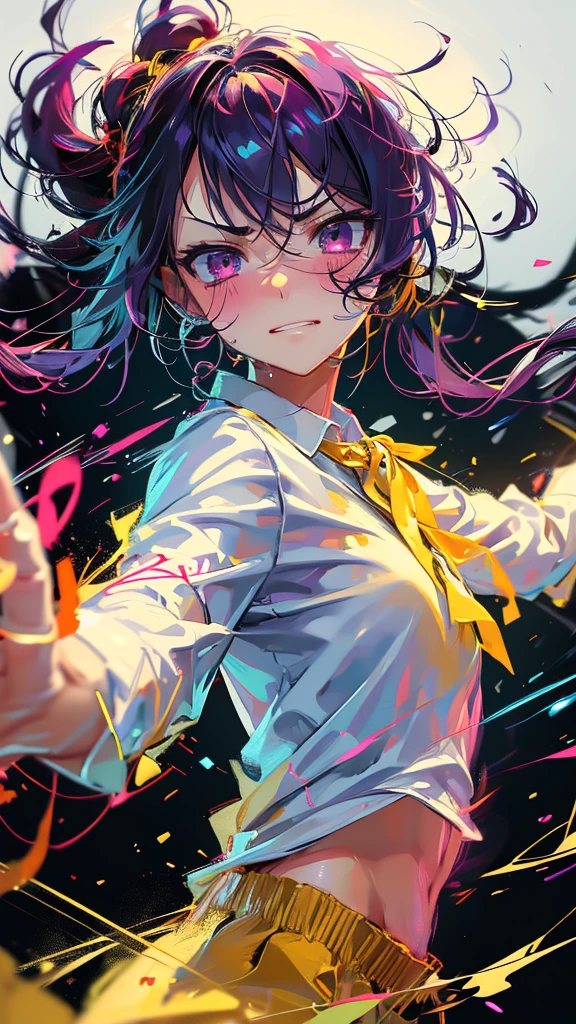 Best quality, Ultra detailed, best quality, insanely detailed, beautiful, masterpiece, 8k, 
break  
Colorful background, refraction Glowing white lines ,Crossing Light,light particles
break 
1lady, purple hair, long hair, yellow ribon on head, purple eyes, ultra detailed eyes, (white shirts:1.5),( yellow pants:1.1) ,
Break
(Waltz:1.5), upper body, (evil smile1.5), evil grin, (sharp eye:1.2),(scowl:1.1), (stare at viewer:1.5),  (embarrassed,blush:1.3),(ecstasy:1.3) ,(slut:1.2),(vulgarity:1.3),(wet:0.8),(drooling:0.6),(sweat:0.8),