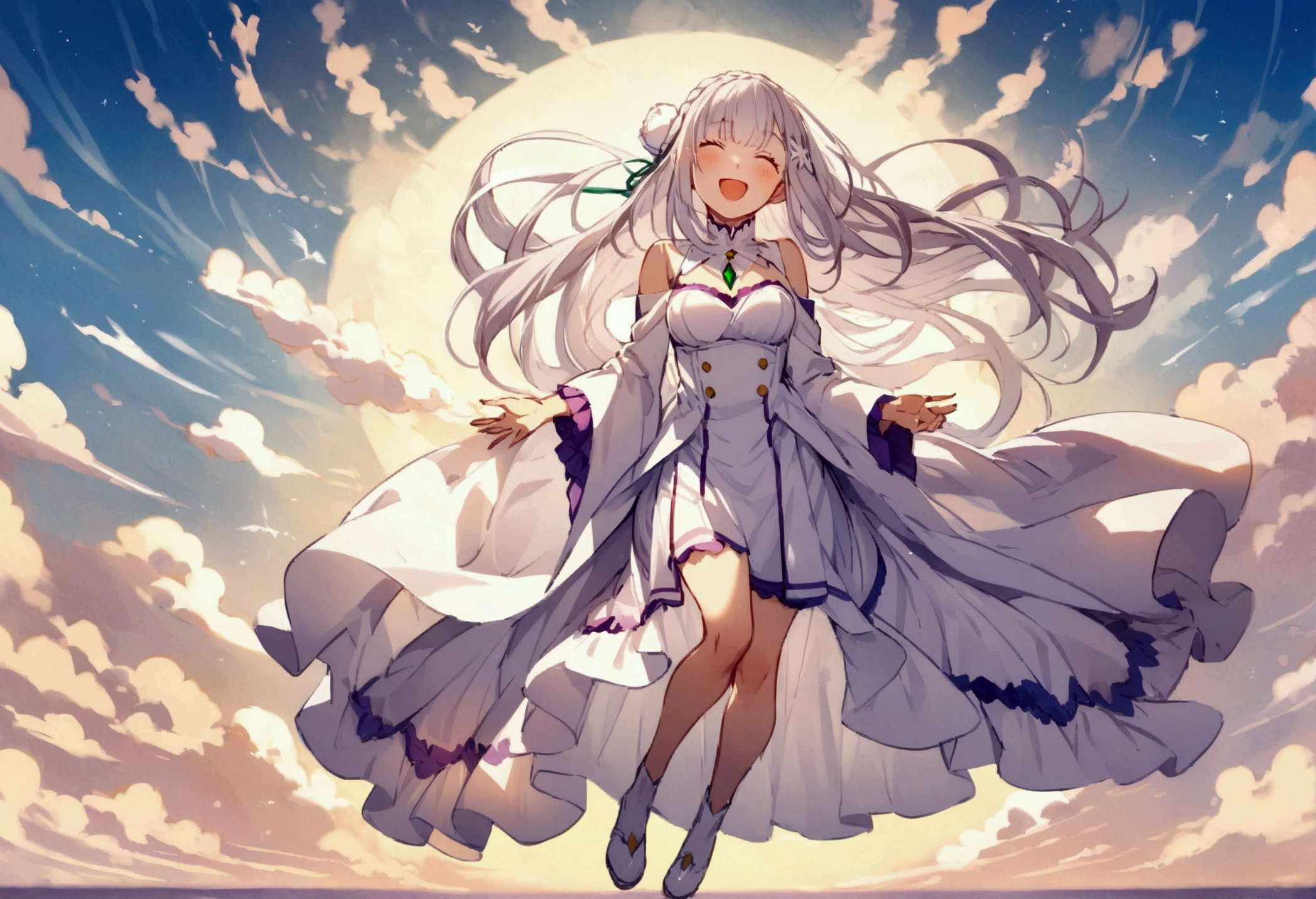 Emilia, looking at the sky, happy, full body, perfect
