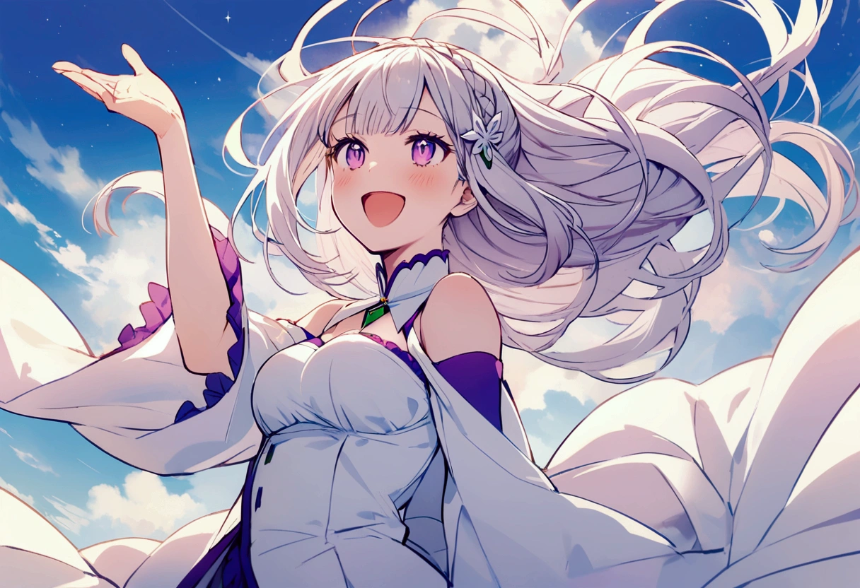 Emilia, looking at the sky, happy, full body, perfect