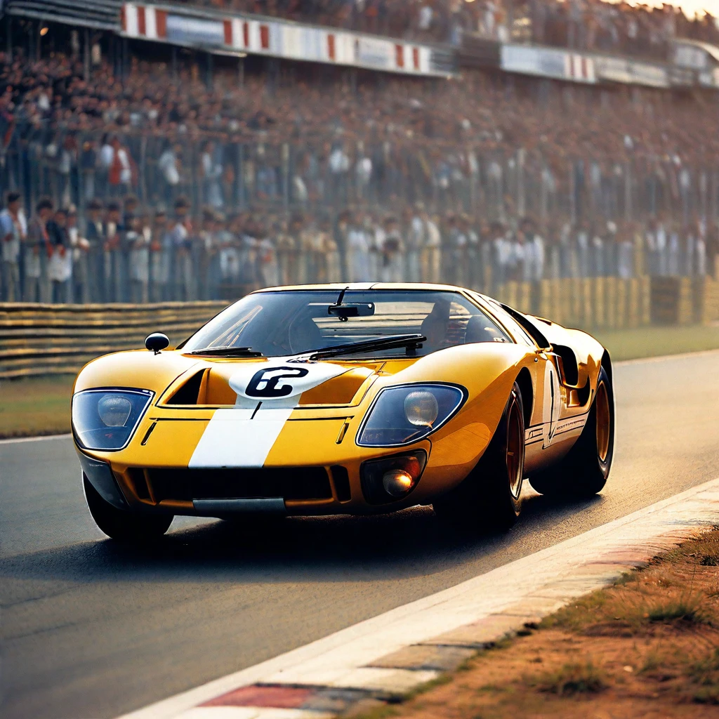 ayrton senna in le mans at golden hour driving a ford gt40 mk1 in front of charparral 2D