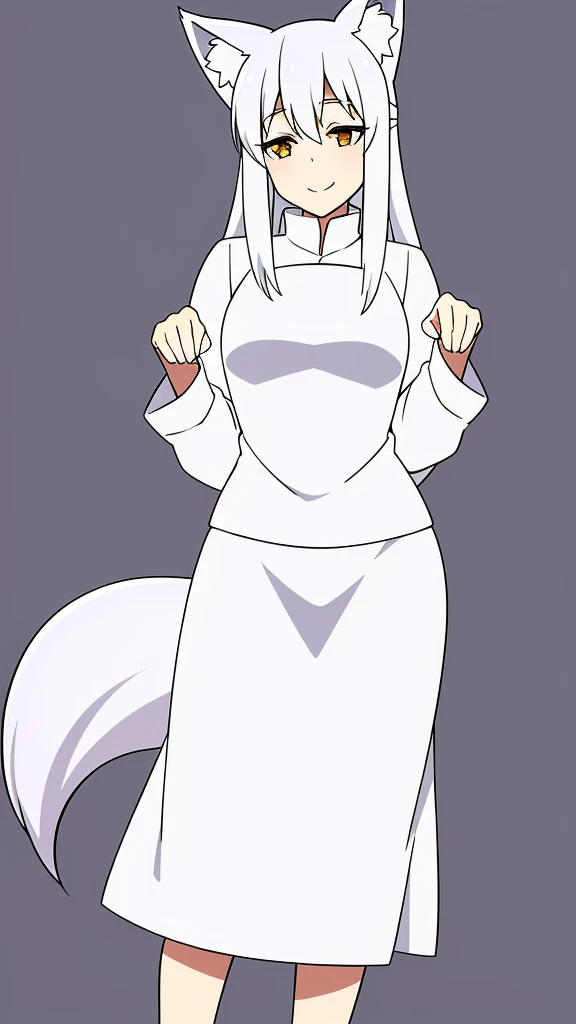 1girl ,solo,20s,mature female,white hair,long hair,fox ears,(simple background),white shirt,white skirt,smile,GhostPose