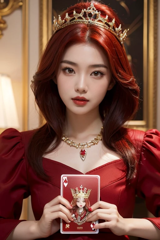 asian girl with red hair queen of hearts playing cards terror beautiful girl in queen outfit realistic red card crown
