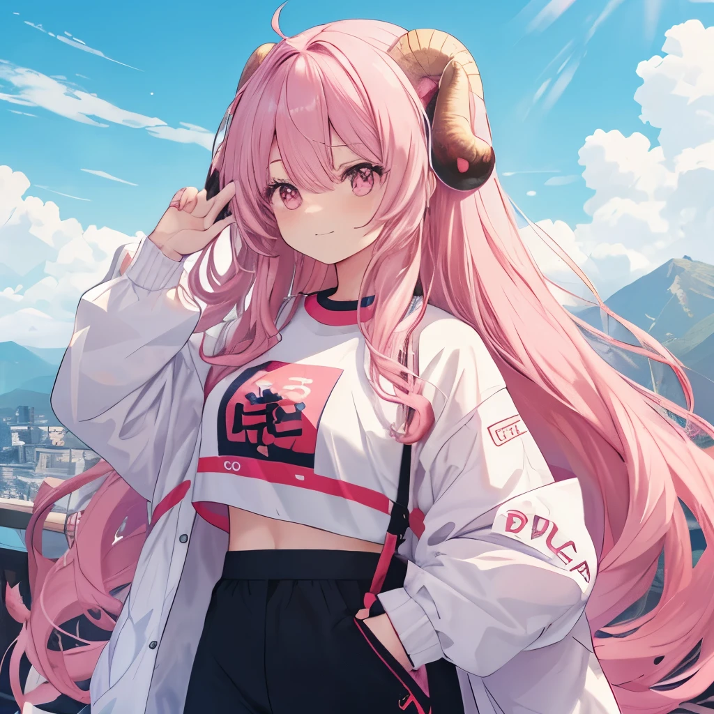 An anime-style illustration of ‘Fua-chan’ psyching herself up and getting energized. Fua-chan has distinctive features: long pink hair styled in soft curls resembling sheep’s horns, and pink eyes. She is depicted with a determined and spirited expression, her eyes wide with enthusiasm and a big, confident smile on her face. She is wearing casual, sporty clothing and has one fist raised in a gesture of motivation and readiness. The background shows a bright, energetic setting, perhaps with a sunrise or an inspiring landscape, emphasizing her positive energy and readiness to take on any challenge. perfect hands
