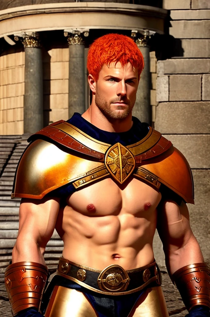 Ancient Rome. Muscular, with a carefully shaved face, without beard or mustache, handsome, in battle armor, blond centurion of the Roman army, 45 years old. He fucks in the ass a red-haired slave boy, 16 years old, poorly dressed, who is in love with him. . There is joy and pleasure on the centurion's face