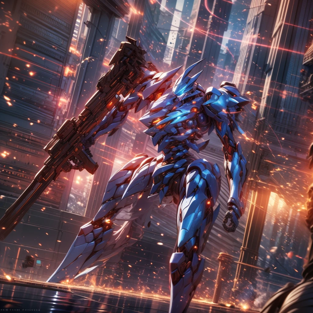(Obra de arte, melhor qualidade:1.5)Mech branco e azul com detalhes dourados, médio, segurando uma sniper grande. Extremely detaild, 8K, HDR, natural light, cinematic lighting, masterpiece-anatomy-perfect, Ultra HD, (Battlefield:1.5), RAW photo, metallic, professional, ultra-fine painting, perfect body proportions, anatomically correct, uhd, real texture material, Anti-Aliasing, FKAA, TXAA, SSAO, Post Processing, Post Production, Tone Mapping, CGI, VFX, SFX, Hyper maximalist, Volumetric, ultra photorealultra-detailed intricate details.