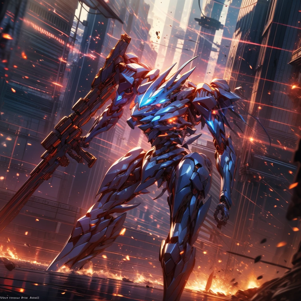 (Obra de arte, melhor qualidade:1.5)Mech branco e azul com detalhes dourados, médio, segurando uma sniper grande. Extremely detaild, 8K, HDR, natural light, cinematic lighting, masterpiece-anatomy-perfect, Ultra HD, (Battlefield:1.5), RAW photo, metallic, professional, ultra-fine painting, perfect body proportions, anatomically correct, uhd, real texture material, Anti-Aliasing, FKAA, TXAA, SSAO, Post Processing, Post Production, Tone Mapping, CGI, VFX, SFX, Hyper maximalist, Volumetric, ultra photorealultra-detailed intricate details.