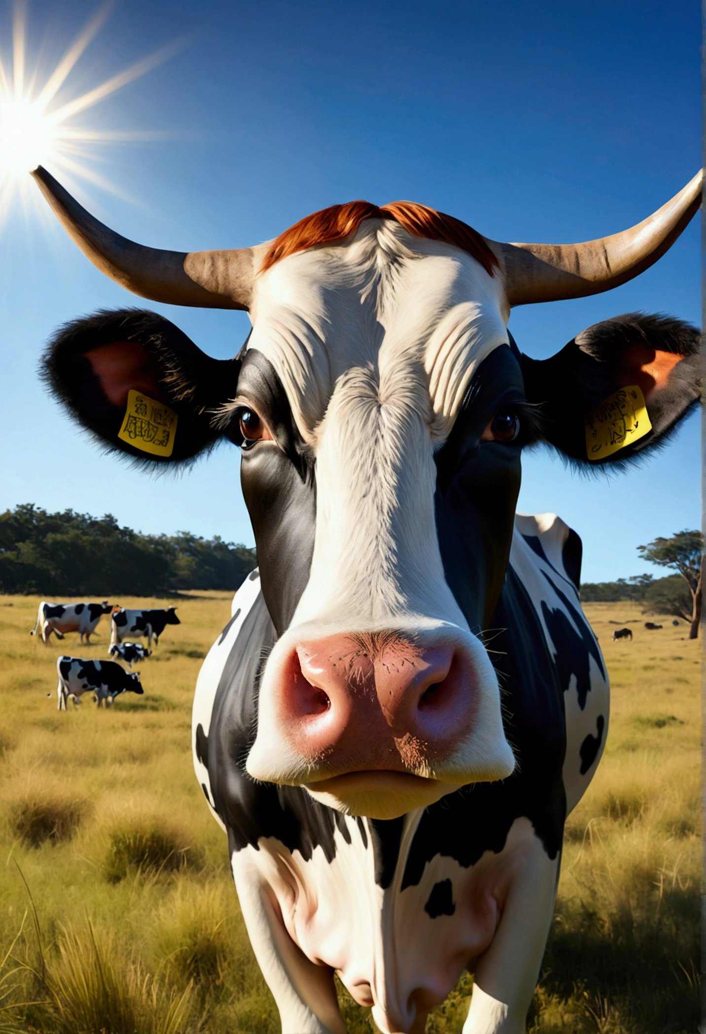 (work of art:1.4), (best qualityer:1.4), extremely detaild, intricate, hyper detailled, (face perfect), illustration A cow, Graze peacefully in the savannah, beret, raised eyebrows, cow ears, ssmile, Surrealism, Bright dark, framed, First person view, Lens flare, ultra HD