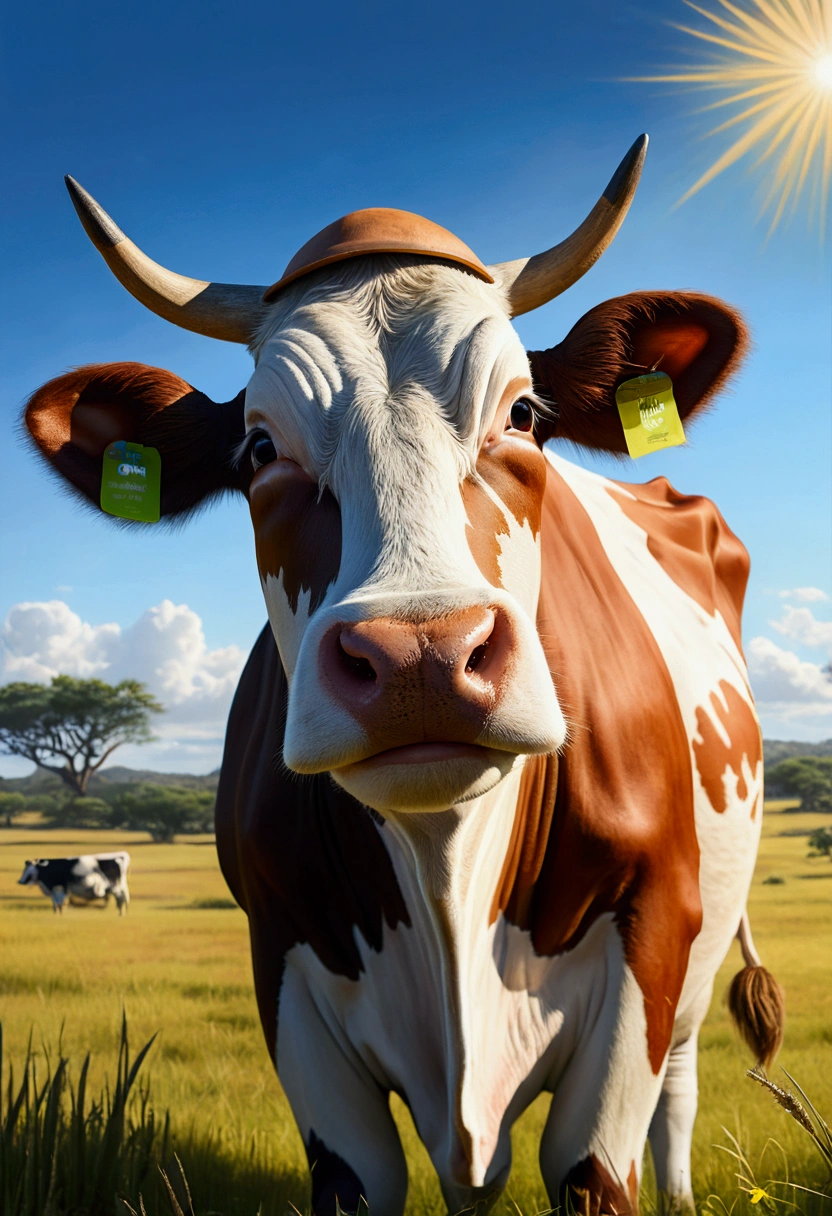 (work of art:1.4), (best qualityer:1.4), extremely detaild, intricate, hyper detailled, (face perfect), illustration A cow, Graze peacefully in the savannah, beret, raised eyebrows, cow ears, ssmile, Surrealism, Bright dark, framed, First person view, Lens flare, ultra HD