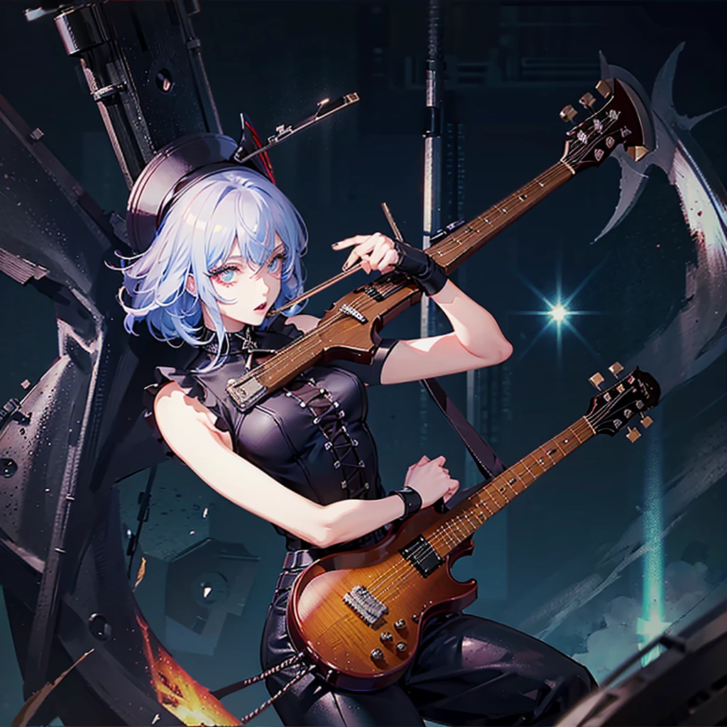 anime metal band, male, metal makeup, electric guitar, drums, violin, scenario, pov from between the crowd