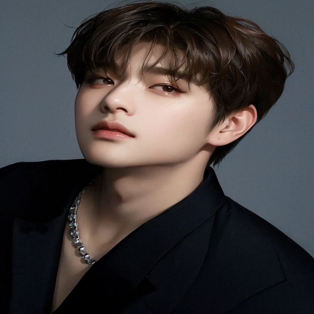 a close-up of a person wearing a suit and a necklace, jung jaehyun, hyung tae, Jungkook, cai xukun, Kim Doyoung, hyung tae kim, Tae June Kim, profile picture with headshot, Jimin, of me, Hong Jun Hyung, kpop idol portrait, Shin Jeongho, Jinyoung Shin, official photos, Retrato de Jossi do Blackpink, StrayKids, Seungmin, Korean face, Kim Seungmin, Korean kpop face