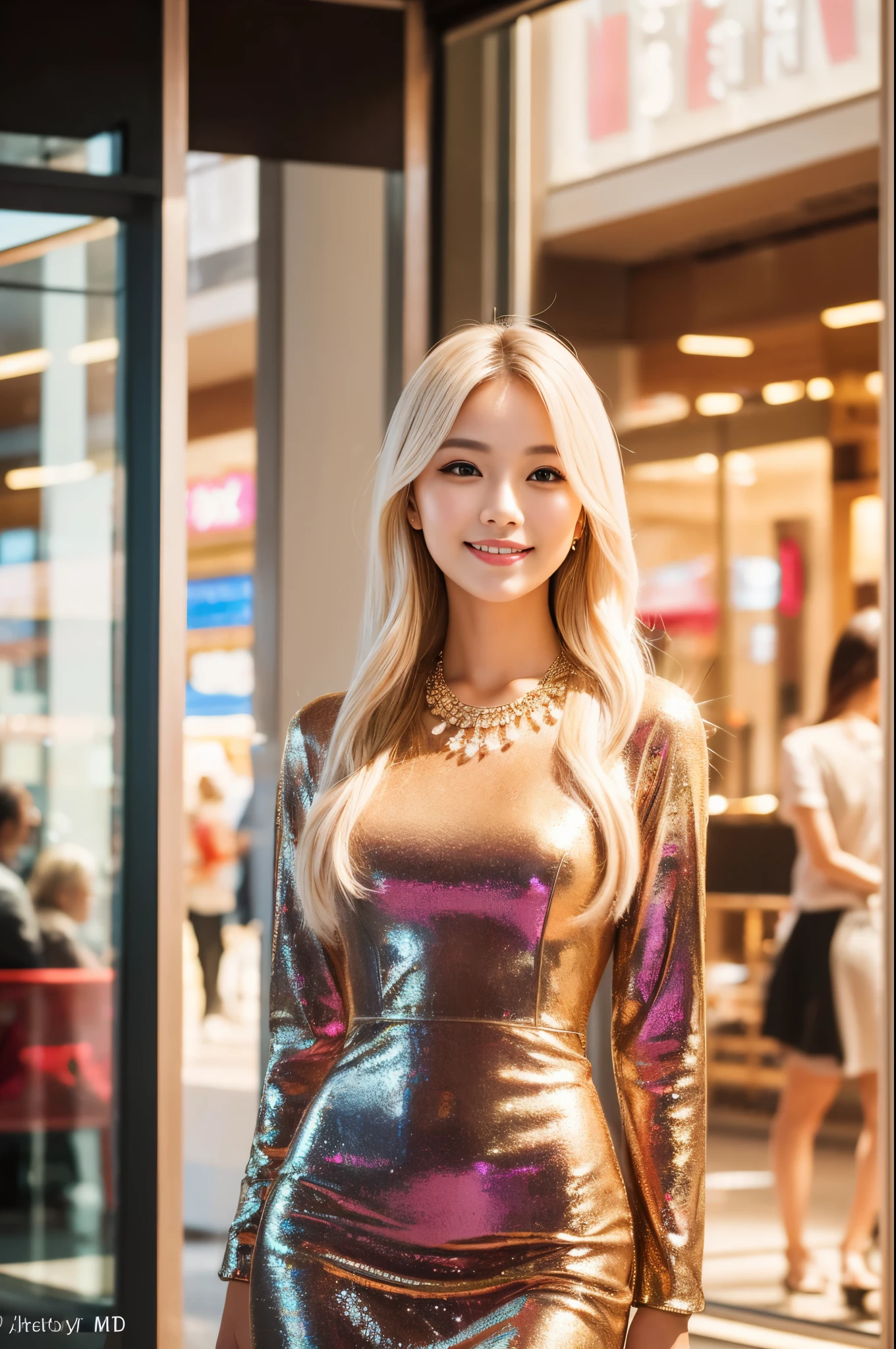 (best quality, 4k ,8k, highres, masterpiece:1.2), ultra-detailed, (realistic, photorealistic, photo-realistic:1.37), closeup, beautiful Thai woman, (slim girl), (happy smile), long lashes, beautiful makeup, platinum blonde hair, fair skin, slender figure, elegant posture, wearing large sparkling colorful jewelery, wearing a business style leather dress, standing in a large shopping mall, gentle sunlight shining through the shopping mall windows, casting a soft glow on her face, adding warmth to the scene, vibrant colors, capturing the essence of vibrant city life, portrait style, showcasing her natural beauty and grace in a feminine way