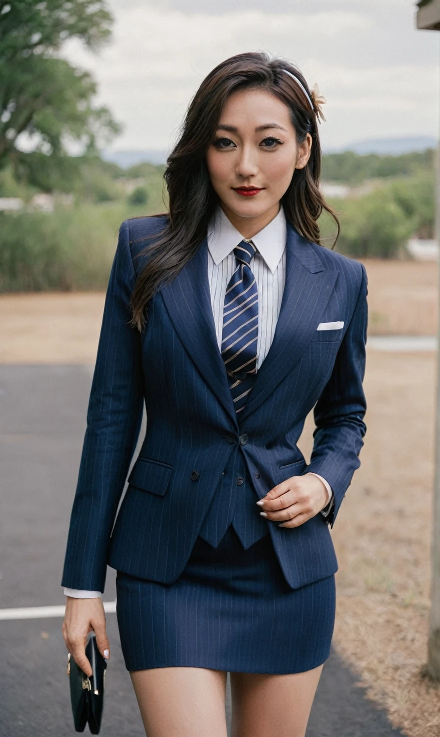 a beautiful picture of fukuharaXL ,woman,detailed skin texture,masterpiece, photorealistic, light, RAW color photo,(fully in frame:1.1), (blush:0.5), (goosebumps:0.5),(((navy pinstripe silk skirt suit))), (((three-piece suit))), (((light blue dress shirt with white collar))), (((necktie))), (((blazer))), (((suit jacket))), ((waistcoat)), double-breasted waistcoat, (((bodycon miniskirt))), pocket square, cufflinks, tie clip,detailed face,outdoors, (smile:0.5), film grain,cinematic lightning,fujifilm ,detailed eyes,camera, smile, office background, hair down, makeup, lipstick, mascara, eyeliner, eyeshadow, silky glossy hair, high heels, pinup pose