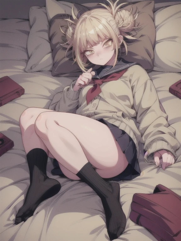 1girl,himiko toga,blonde hair,yellow eyes,small iris,laying,lay on bed,(messy hair),socks,good hand,good finger,good anatomy,masterpiece,extremely detailed CG unity 8k wallpaper, best quality,32k,focus sharp, 