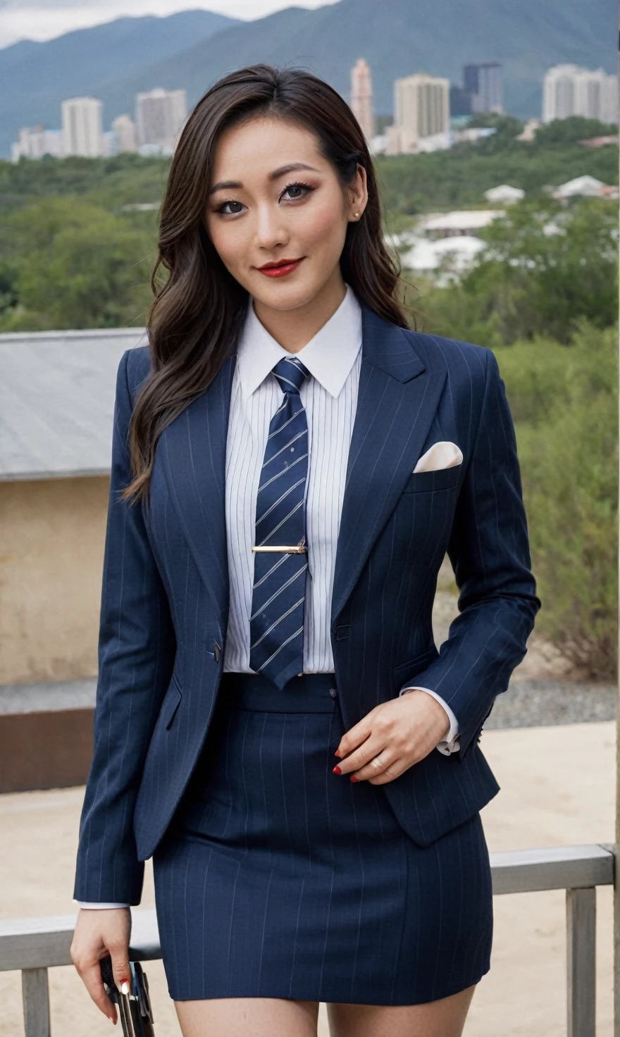 a beautiful picture of fukuharaXL ,woman,detailed skin texture,masterpiece, photorealistic, light, RAW color photo,(fully in frame:1.1), (blush:0.5), (goosebumps:0.5),(((navy pinstripe silk skirt suit))), (((three-piece suit))), (((blue dress shirt with white collar))), (((necktie))), (((blazer))), (((suit jacket))), ((waistcoat)), double-breasted waistcoat, (((bodycon miniskirt))), pocket square, cufflinks, tie clip,detailed face,outdoors, (smile:0.5), film grain,cinematic lightning,fujifilm ,detailed eyes,camera, smile, office background, hair down, makeup, lipstick, mascara, eyeliner, eyeshadow, silky glossy hair, high heels, pinup pose