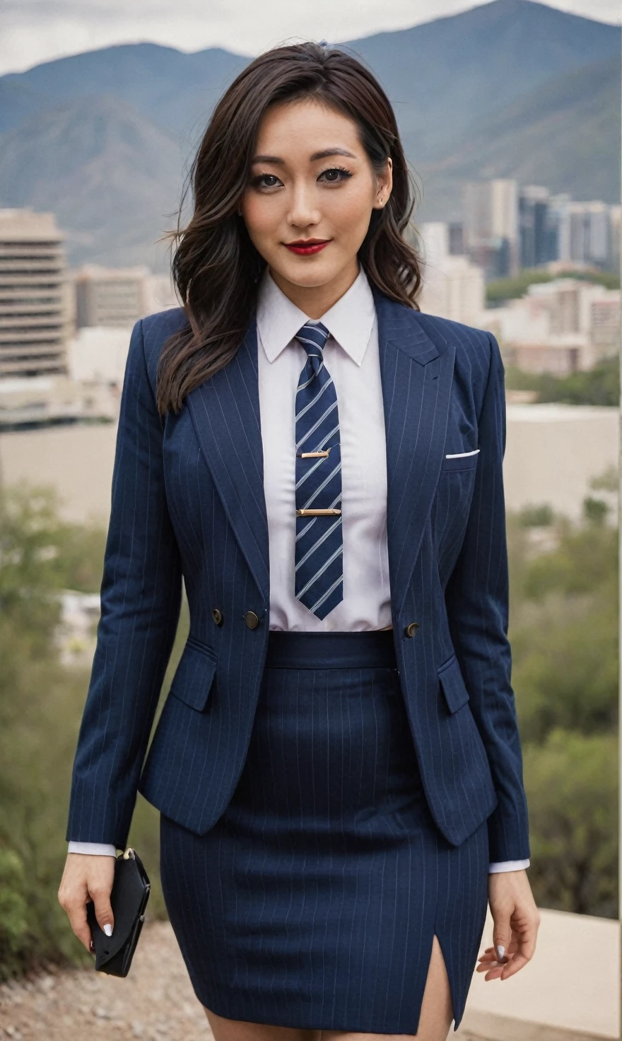 a beautiful picture of fukuharaXL ,woman,detailed skin texture,masterpiece, photorealistic, light, RAW color photo,(fully in frame:1.1), (blush:0.5), (goosebumps:0.5),(((navy pinstripe silk skirt suit))), (((three-piece suit))), (((blue dress shirt with white collar))), (((necktie))), (((blazer))), (((suit jacket))), ((waistcoat)), double-breasted waistcoat, (((bodycon miniskirt))), pocket square, cufflinks, tie clip,detailed face,outdoors, (smile:0.5), film grain,cinematic lightning,fujifilm ,detailed eyes,camera, smile, office background, hair down, makeup, lipstick, mascara, eyeliner, eyeshadow, silky glossy hair, high heels, pinup pose