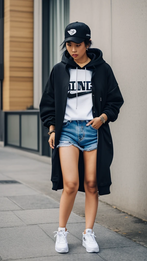 A stunning Asian woman confidently sporting a trendy streetwear outfit, complete with a stylish oversized hoodie, ripped jeans, and fashionable sneakers. Her look is accentuated by bold accessories, like a snapback cap and statement jewelry, blending urban edge with contemporary flair.