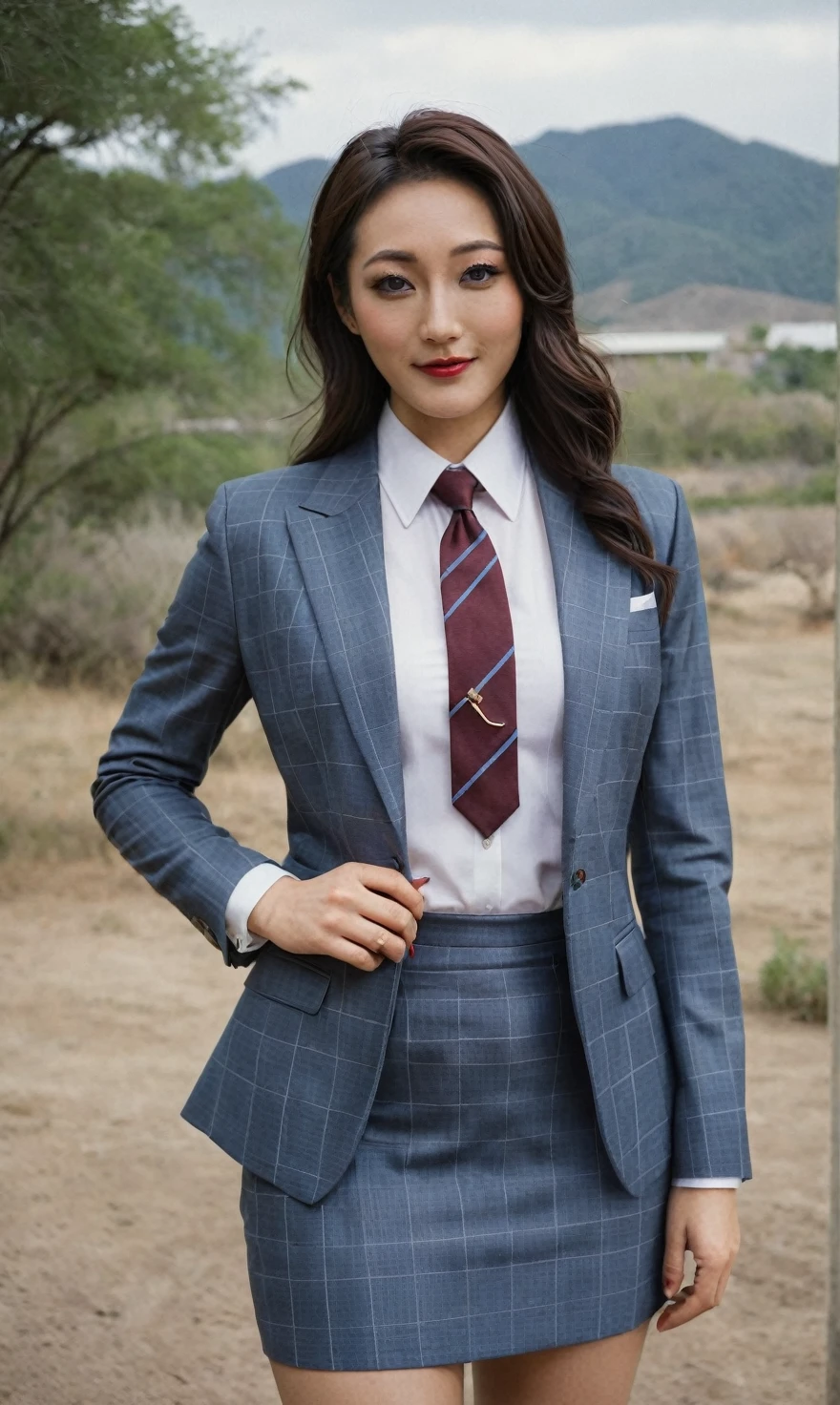 a beautiful picture of fukuharaXL ,woman,detailed skin texture,masterpiece, photorealistic, light, RAW color photo,(fully in frame:1.1), (blush:0.5), (goosebumps:0.5),(((grey plaid silk skirt suit))), (((three-piece suit))), (((blue dress shirt with white collar))), (((necktie))), (((blazer))), (((suit jacket))), ((waistcoat)), double-breasted waistcoat, (((bodycon miniskirt))), pocket square, cufflinks, tie clip,detailed face,outdoors, (smile:0.5), film grain,cinematic lightning,fujifilm ,detailed eyes,camera, smile, office background, hair down, makeup, lipstick, mascara, eyeliner, eyeshadow, silky glossy hair, high heels, pinup pose