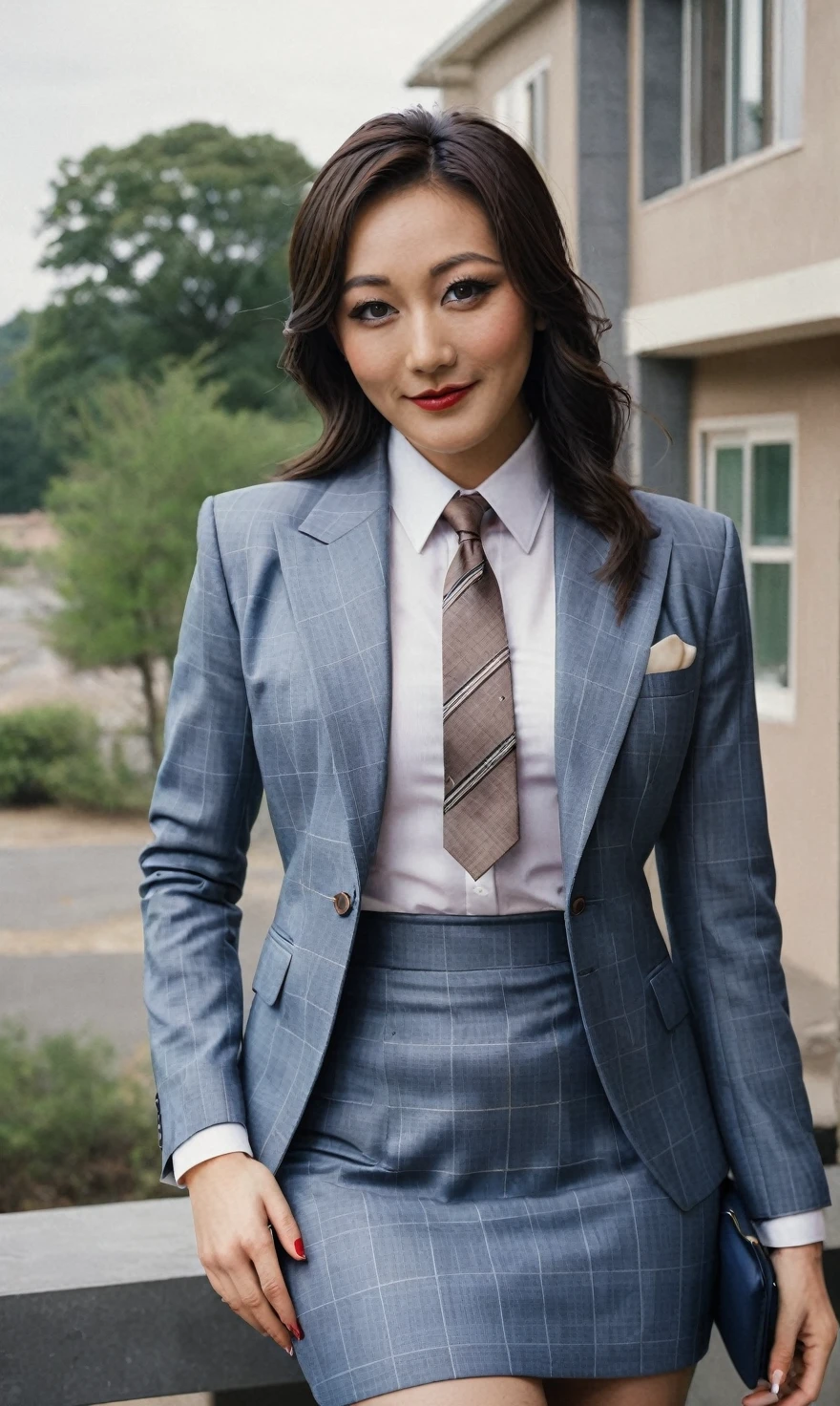 a beautiful picture of fukuharaXL ,woman,detailed skin texture,masterpiece, photorealistic, light, RAW color photo,(fully in frame:1.1), (blush:0.5), (goosebumps:0.5),(((grey plaid silk skirt suit))), (((three-piece suit))), (((blue dress shirt with white collar))), (((necktie))), (((blazer))), (((suit jacket))), ((waistcoat)), double-breasted waistcoat, (((bodycon miniskirt))), pocket square, cufflinks, tie clip,detailed face,outdoors, (smile:0.5), film grain,cinematic lightning,fujifilm ,detailed eyes,camera, smile, office background, hair down, makeup, lipstick, mascara, eyeliner, eyeshadow, silky glossy hair, high heels, pinup pose