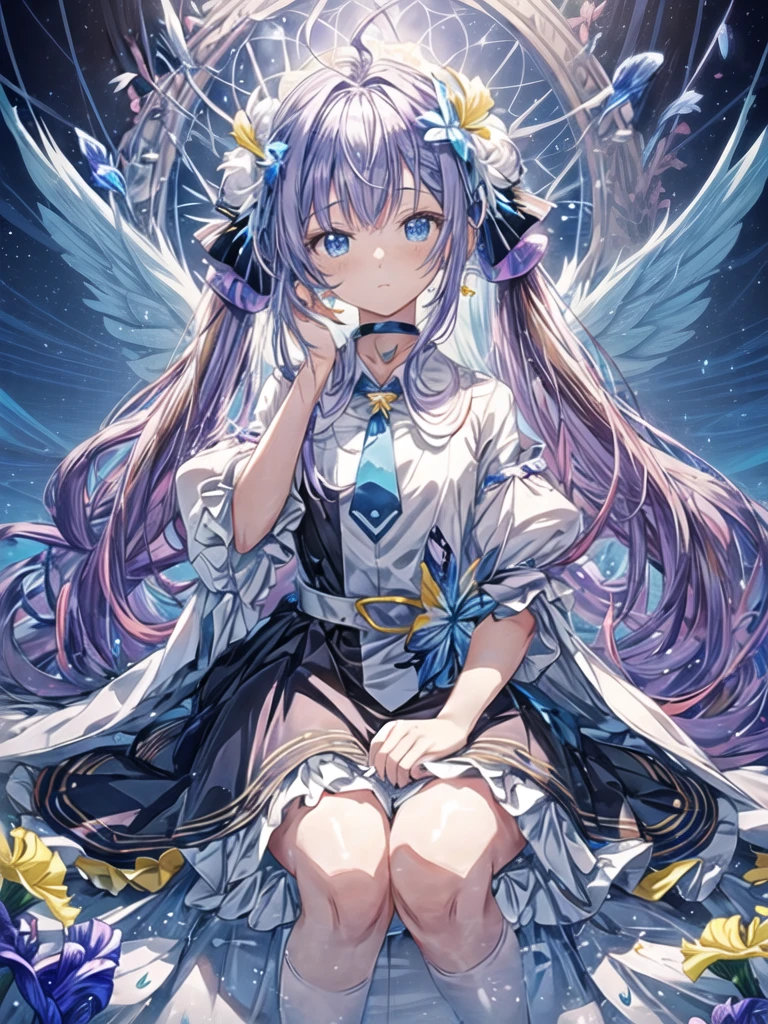 pretty, anime, pastel, neon, vtuber-fullbody vtuber-halfbody, kawaii Masterpiece, young woman, sitting down, parted lips, black eyes, fluffy curly hair, bangs, ahoge, light brown hair, rosy cheeks, short sleeve, black and purple dress, puffy sleeves, black gloves, purple ribbons, ((faded iris)), myceliumtech, scifi, Mycelia, spongy, PsychedelicMasterpiece, ((Faded iris)), flowers, smile, water effect, ahoge, looking up, upper view, yuki miku, very long blue hair, twintails, hair ornament, blue eyes, kawaii looking upupper viewhair ornament(masterpiece:1.2), (hires:1.2), (better hands:1.2), beautiful hands, perfect anatomy, holding star, 1boy, antenna hair, choker, white jacket, shoulder-belt, collared shirt, ear piercing, chain earrings, gradient, stars hair ornament, male focus, multicolored hair, purple hair, yellow strands, yellow necktie, (eye1 purple, eye2 yellow, heterochromia), starlight, starMasterpiece, young girl, white hair, fluffy hair, ahoge, medium length hair, bird feathers, sky, jungle, feather ears, white bird wings, vibrant colors, flowers, flower crown, leaves, white silk dress, detailed sleeves, strewn plants, hair over eyes, butterfly style, more_details:-1, more_details:0, more_details:0.5, more_details:1, more_details:1.5, (((ultra detailed))), softcore, kawaii, 