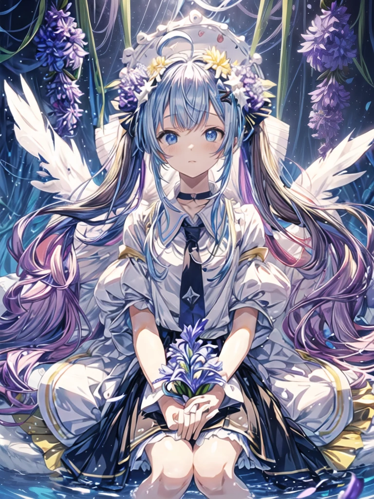 pretty, anime, pastel, neon, vtuber-fullbody vtuber-halfbody, kawaii Masterpiece, young woman, sitting down, parted lips, black eyes, fluffy curly hair, bangs, ahoge, light brown hair, rosy cheeks, short sleeve, black and purple dress, puffy sleeves, black gloves, purple ribbons, ((faded iris)), myceliumtech, scifi, Mycelia, spongy, PsychedelicMasterpiece, ((Faded iris)), flowers, smile, water effect, ahoge, looking up, upper view, yuki miku, very long blue hair, twintails, hair ornament, blue eyes, kawaii looking upupper viewhair ornament(masterpiece:1.2), (hires:1.2), (better hands:1.2), beautiful hands, perfect anatomy, holding star, 1boy, antenna hair, choker, white jacket, shoulder-belt, collared shirt, ear piercing, chain earrings, gradient, stars hair ornament, male focus, multicolored hair, purple hair, yellow strands, yellow necktie, (eye1 purple, eye2 yellow, heterochromia), starlight, starMasterpiece, young girl, white hair, fluffy hair, ahoge, medium length hair, bird feathers, sky, jungle, feather ears, white bird wings, vibrant colors, flowers, flower crown, leaves, white silk dress, detailed sleeves, strewn plants, hair over eyes, butterfly style, more_details:-1, more_details:0, more_details:0.5, more_details:1, more_details:1.5, (((ultra detailed))), softcore, kawaii,