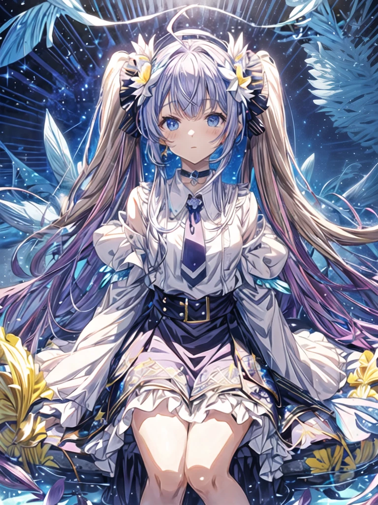 pretty, anime, pastel, neon, vtuber-fullbody vtuber-halfbody, kawaii Masterpiece, young woman, sitting down, parted lips, black eyes, fluffy curly hair, bangs, ahoge, light brown hair, rosy cheeks, short sleeve, black and purple dress, puffy sleeves, black gloves, purple ribbons, ((faded iris)), myceliumtech, scifi, Mycelia, spongy, PsychedelicMasterpiece, ((Faded iris)), flowers, smile, water effect, ahoge, looking up, upper view, yuki miku, very long blue hair, twintails, hair ornament, blue eyes, kawaii looking upupper viewhair ornament(masterpiece:1.2), (hires:1.2), (better hands:1.2), beautiful hands, perfect anatomy, holding star, 1boy, antenna hair, choker, white jacket, shoulder-belt, collared shirt, ear piercing, chain earrings, gradient, stars hair ornament, male focus, multicolored hair, purple hair, yellow strands, yellow necktie, (eye1 purple, eye2 yellow, heterochromia), starlight, starMasterpiece, young girl, white hair, fluffy hair, ahoge, medium length hair, bird feathers, sky, jungle, feather ears, white bird wings, vibrant colors, flowers, flower crown, leaves, white silk dress, detailed sleeves, strewn plants, hair over eyes, butterfly style, more_details:-1, more_details:0, more_details:0.5, more_details:1, more_details:1.5, (((ultra detailed))), softcore, kawaii, 