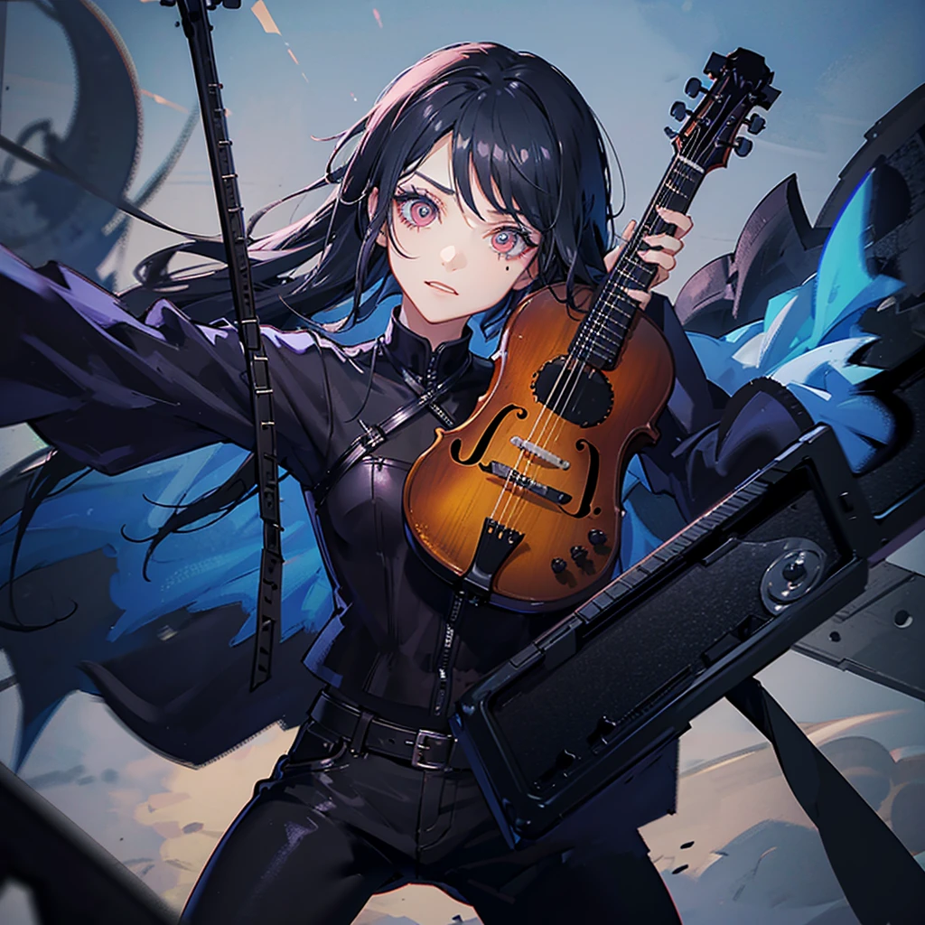 anime metal band, multiple characters, male, metal makeup, electric guitar, drums, violin, scenario, pov from between the crowd