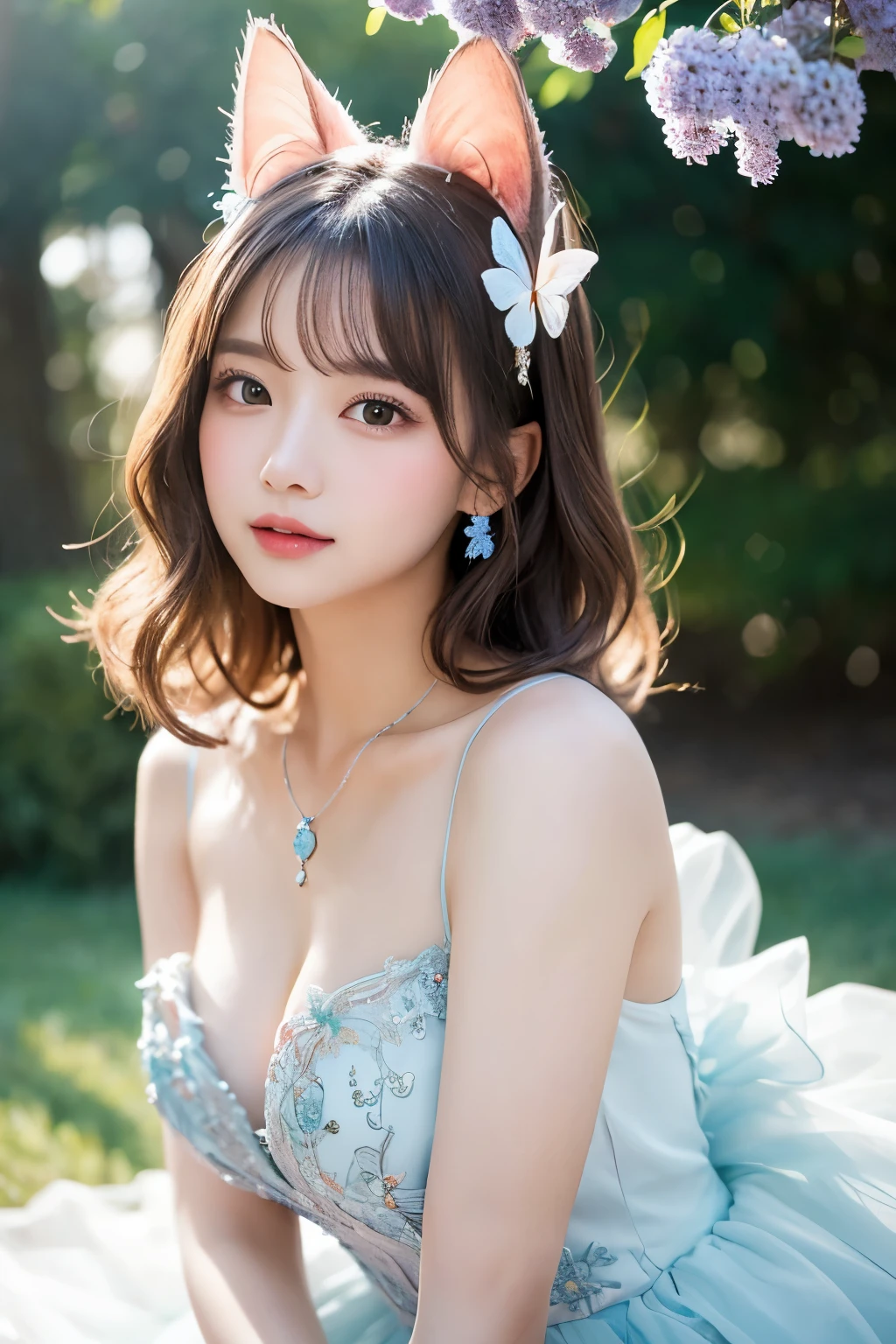 A young woman with long, wavy pastel-colored hair sits gracefully, dressed in an elaborate, fantasy-themed gown. The gown features a mix of soft pastel colors, including pink, blue, and lavender, adorned with sparkling embellishments and a large bow at the bust. She has a pair of large, fluffy cat ears on her head, matching her soft, fluffy tail. Her eyes are large and expressive, with a gentle and inviting expression. The scene is softly lit with a magical, dreamy ambiance, highlighting her smooth skin and the intricate details of her outfit. She wears delicate jewelry, including a butterfly hair clip, adding to the whimsical nature of her appearance. The background is soft and blurred, enhancing the ethereal feel of the image.
