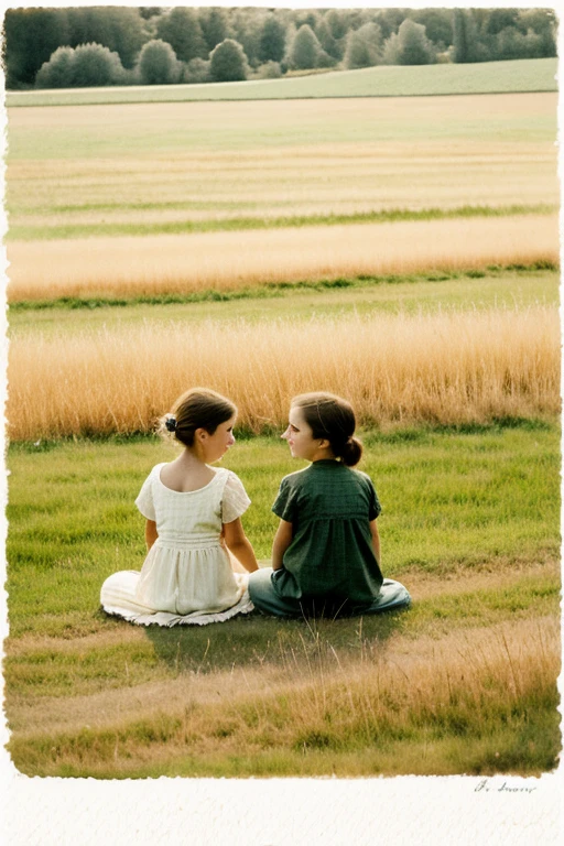 Watercolor painting lady and her daughter seat on green field sepia tone 