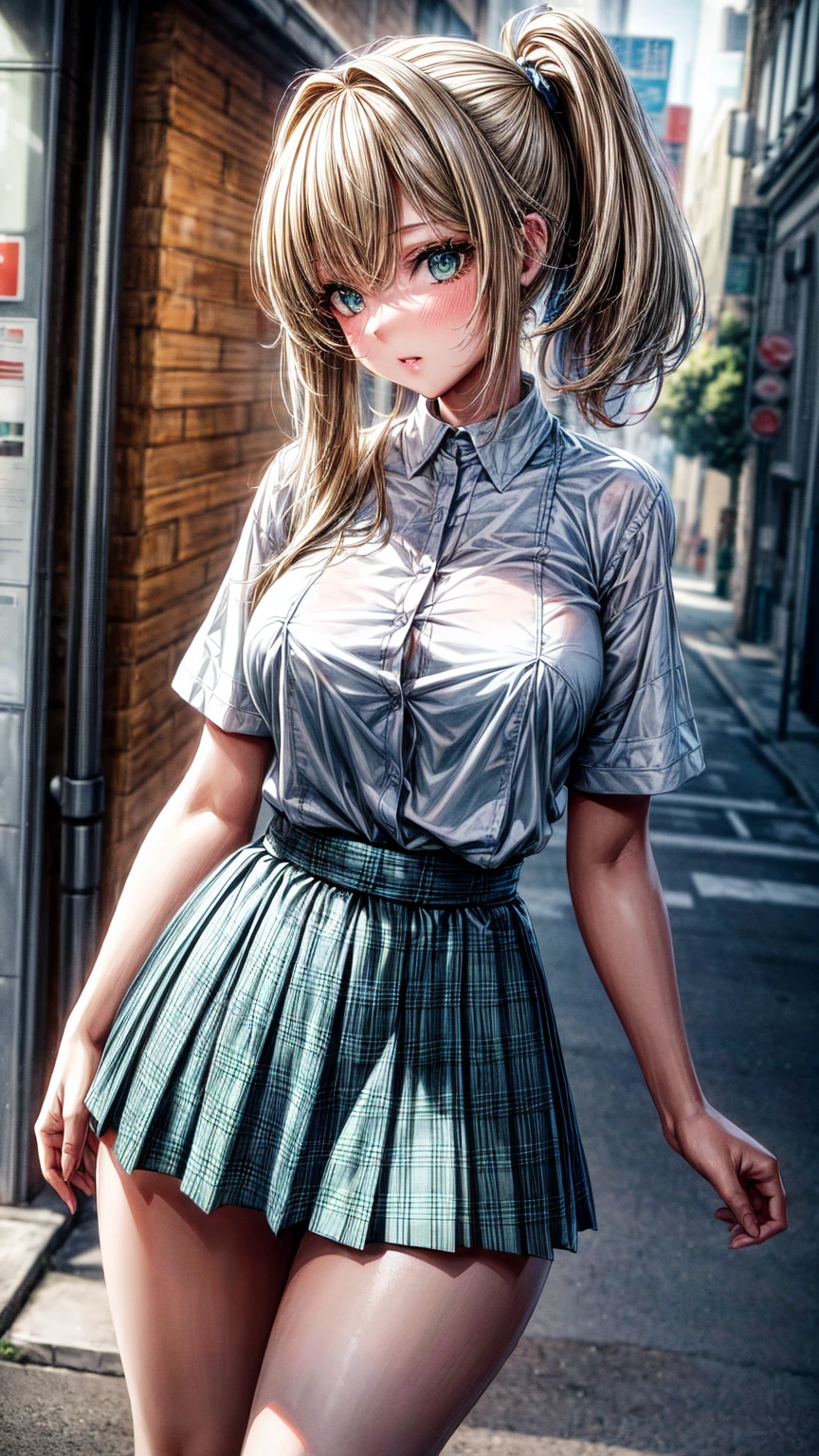 1girl,masterpiece,best quality,blonde hair,(ponytails),green eyes,(white stockings),(blue plaid skirt),short skirt,standing,in full length,medium breasts,white t shirt,in front of streets,extremely detailed,[[realistic]],beautiful alluring anime ,seductive anime girl,waving skirt