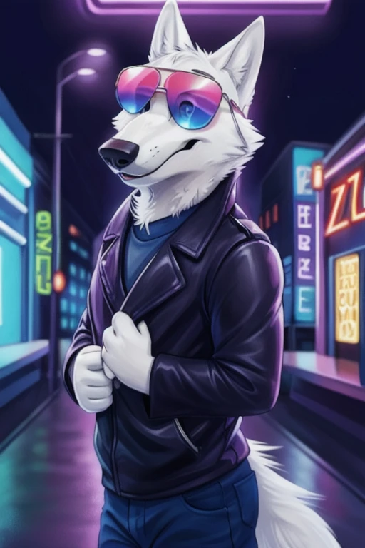cute cartoon of a (gary \(zootopia\)) wearing a (leather jacket) and (sunglasses), solo, wolf, white fur, BREAK, background gay bar, talking, neon lights, sexual depravity, 