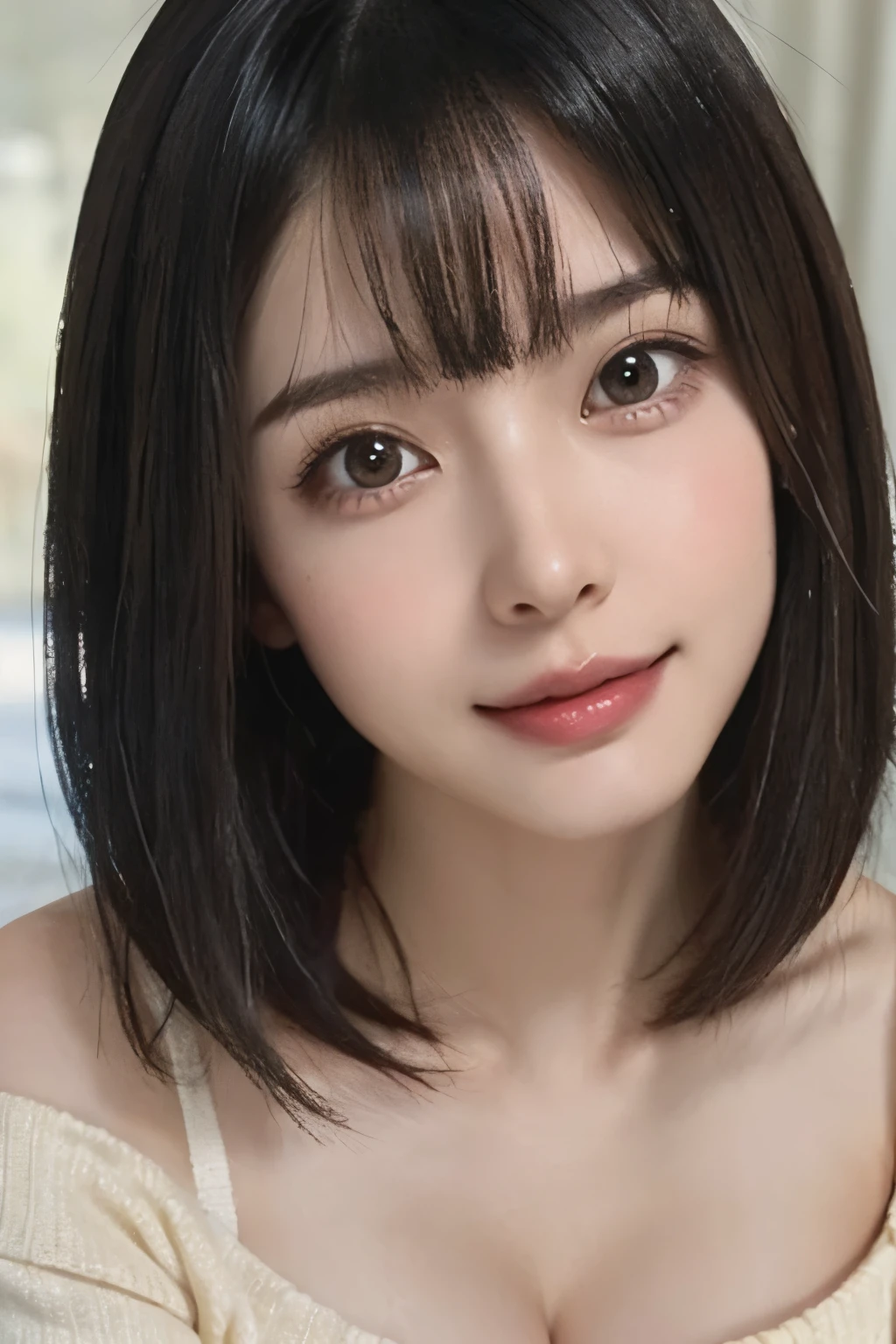 (Highest quality, 8k, masterpiece: 1.3、Everything is beautifully detailed、Beautifully drawn eyes with bright color details), Beautiful woman with perfect figure: 1.4, Dark brown hair, big, Wear a pendant, Torn shorts, Sleep in the bedroom, Highly detailed face and skin, Detailed eyes, double eyelid, Highest quality, masterpiece, (Realistic: 1.4), One Woman, Golden Ratio, High angle shot, Upper eyelid care, Low angle shot, Perfect Face, Beautiful appearance, Cute Face, Face close-up, Zoom in on face, Short Bob, short hair, smile from different angles, smile, Gloss, highlight, Gloss, Glossy on skin, Glossy on skin, Wet skin, Wet, bangs, cute smile, bust, Off the shoulder, Refreshing charm, elegant, Perfect hands, smile from angle, smile, Glossのある, highlight, Glossy skin, bangs, bust, big, Warm Off the shoulder, Refreshing charm, Listen carefully, Looking into the camera, Pose at different angles、{gigantic|big|huge|mega} breasts, cleavage