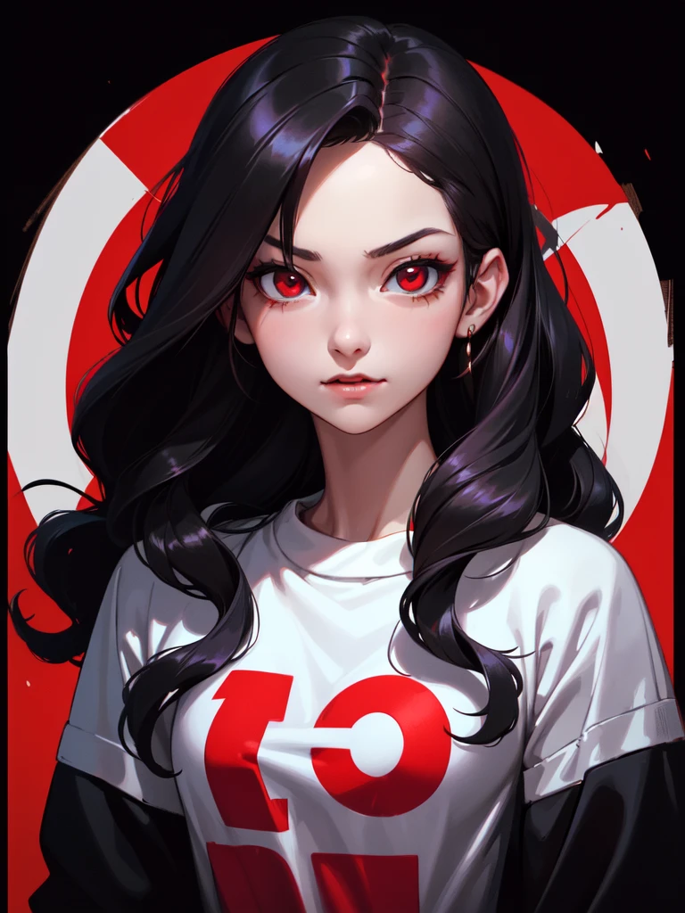 (((Portrait Photo))), She is a Young Girl with a Small, Athletic Build, and a Youthful Charm. She has Long, Black Hair, Styled in Loose Waves that Flow Wildly. Her Intense Red Eyes Express a Cheerful and Dummy Look, Giving Off a Immature Attitude. She Usually Wears an Oversized, Baggy Red Cropped Sweatshirt. (((High Quality, Dark Background))), (((Portrait Photo)))