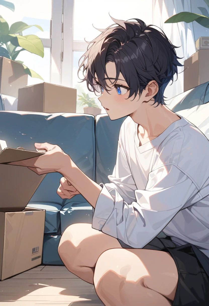 masterpiece, best quality, extremely detailed, ultra detailed, flat anime, 2D,
((1boy)),black hair, (short hair:1.5),blue eyes, height 1.7meters, (circle eyes:1.2), (young adult:1.2), Ear-length sideburns,
long Sleeves, White T-shirt, barefoot,
squatting, looking away, expressionless,open mouth,
summer, 12AM, livingroom,organizing the boxes., I'm looking at the material in my hand.