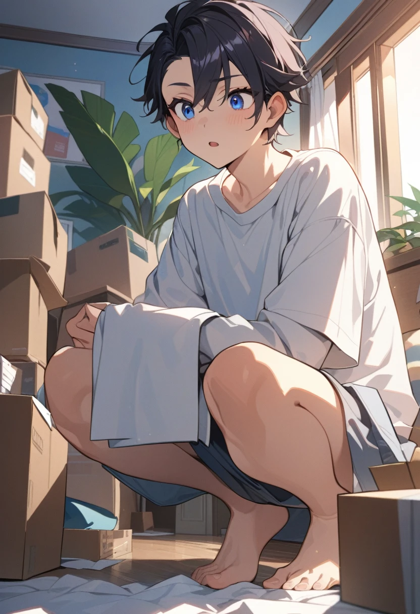 masterpiece, best quality, extremely detailed, ultra detailed, flat anime, 2D,
((1boy)),black hair, (short hair:1.5),blue eyes, height 1.7meters,  (circle eyes:1.2),  (young adult:1.2), Ear-length sideburns,
long Sleeves, White T-shirt, barefoot, 
squatting, looking away, expressionless,open mouth,
summer, 12AM, livingroom,organizing the boxes., I'm looking at the material in my hand.