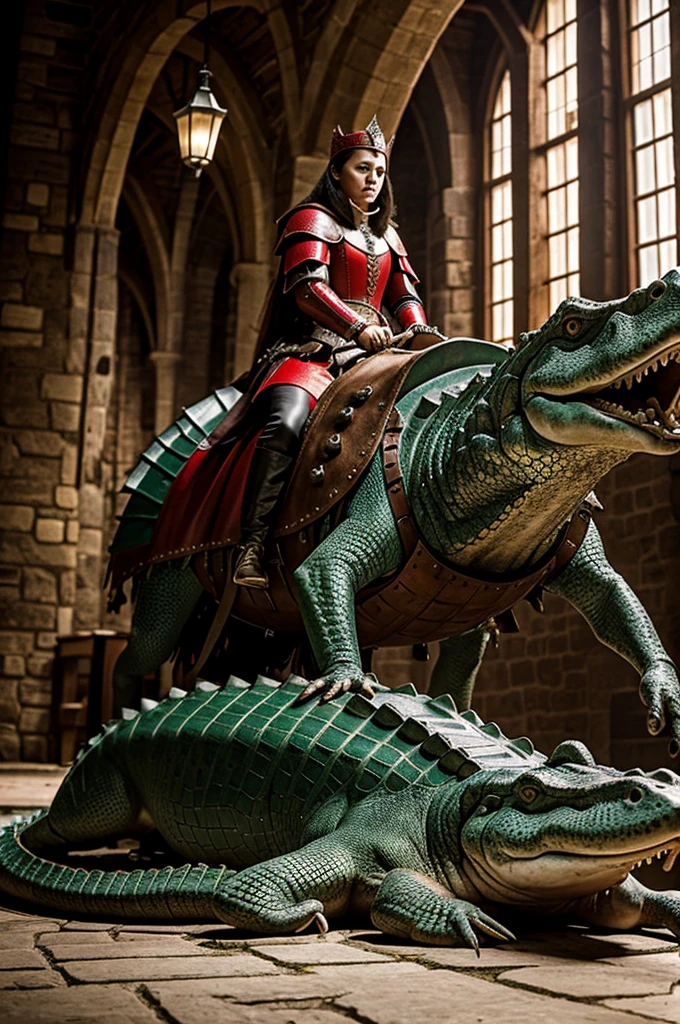 Setting set in medieval times.
Crocodiles with leather saddles on their backs and red eyes