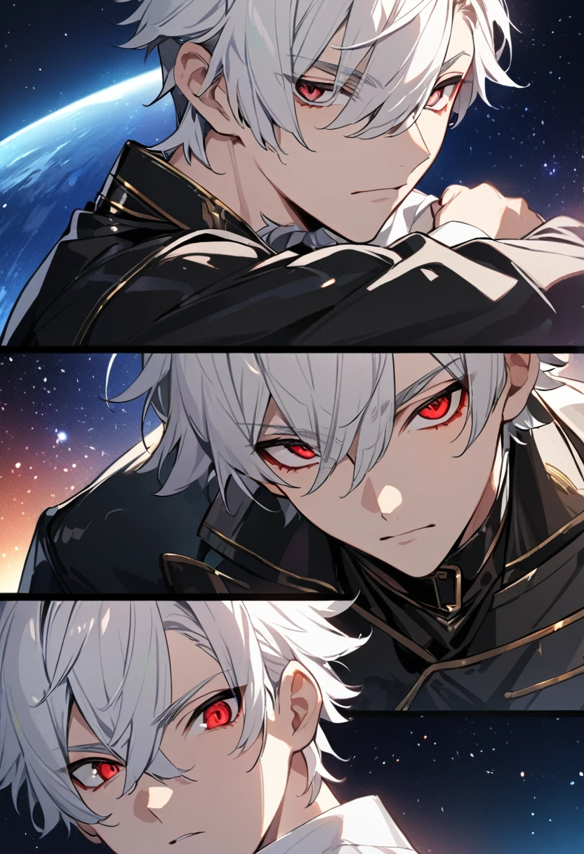 High quality, HD, 4k, handsome male, 1male, , teenager, golden lining, short white hair, sharp eyes, red eyes, deep red eyes, devil may cry, close up, calm expression, stoic expression, black leather clothes, white leather clothing, lean body, full body, looking at viewer, cowboy shot, white solar, space background