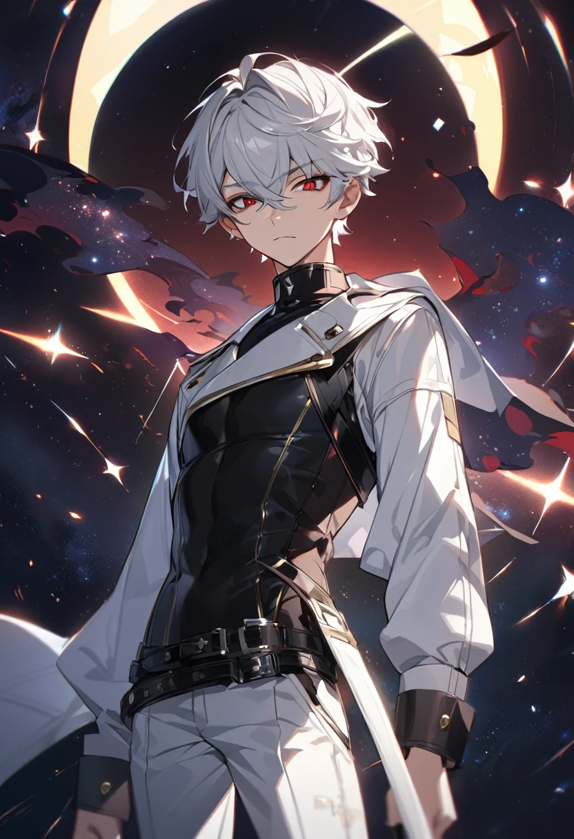 High quality, HD, 4k, handsome male, 1male, 17 years old, teenager, golden lining, short white hair, sharp eyes, red eyes, deep red eyes, devil may cry, close up, calm expression, stoic expression, black leather clothes, white leather clothing, lean body, full body, looking at viewer, cowboy shot, white solar, space background