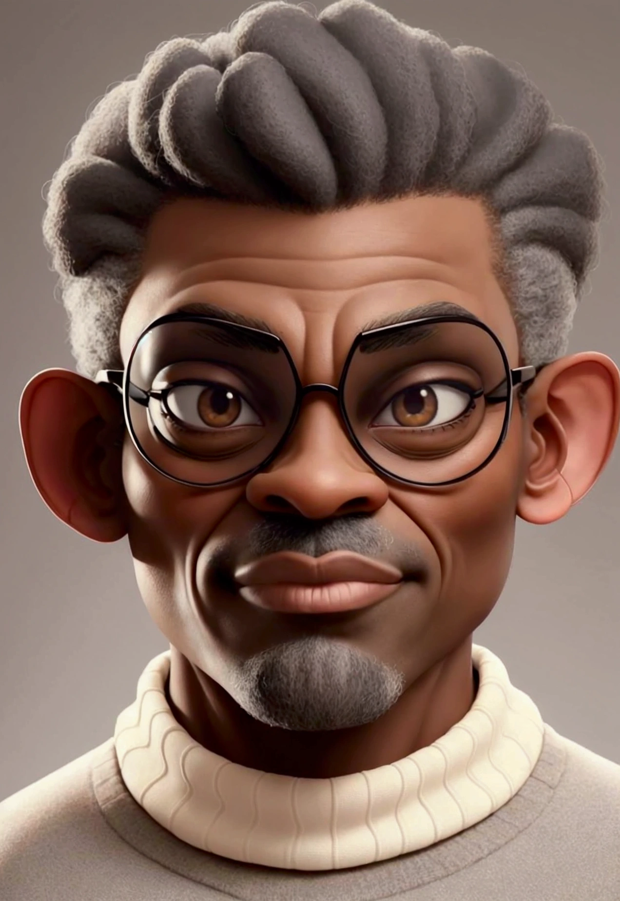https://s.mj.run/LMrRXm4uv2c a caricature of a ziraldo catunist style drawing of a middle-aged Afro-Brazilian black man, 58 years old, with short machine-cut white gray hair 1. He is wearing thick-rimmed glasses and a striped textured turtleneck sweater.. The expression on his face is serious and confident.. Make sure to highlight your unique facial features, like the hairline, the shape of the nose and glasses. Keep the caricature in a realistic style, with attention to details and shadows. Use a neutral color palette and avoid exaggerating your features, preserving the similarity with the individual portrayed in the photo."