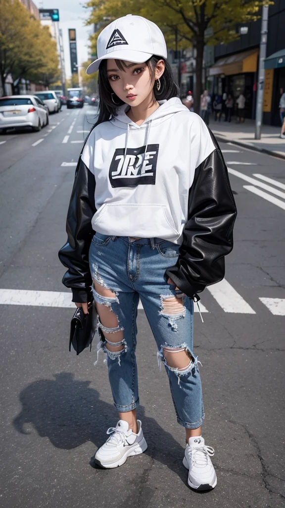 A stunning Asian woman confidently sporting a trendy streetwear outfit, complete with a stylish oversized hoodie, ripped jeans, and fashionable sneakers. Her look is accentuated by bold accessories, like a snapback cap and statement jewelry, blending urban edge with contemporary flair.