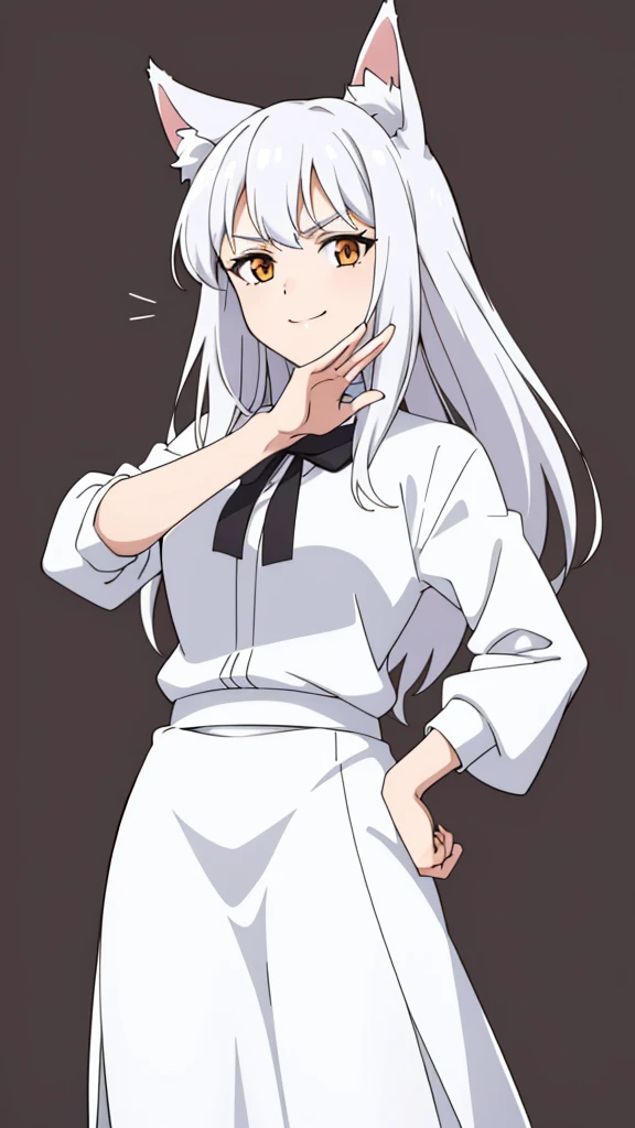 1girl ,solo,20s,mature female,white hair,long hair,fox ears,(simple background),white shirt,white skirt,ojou-sama pose,smile