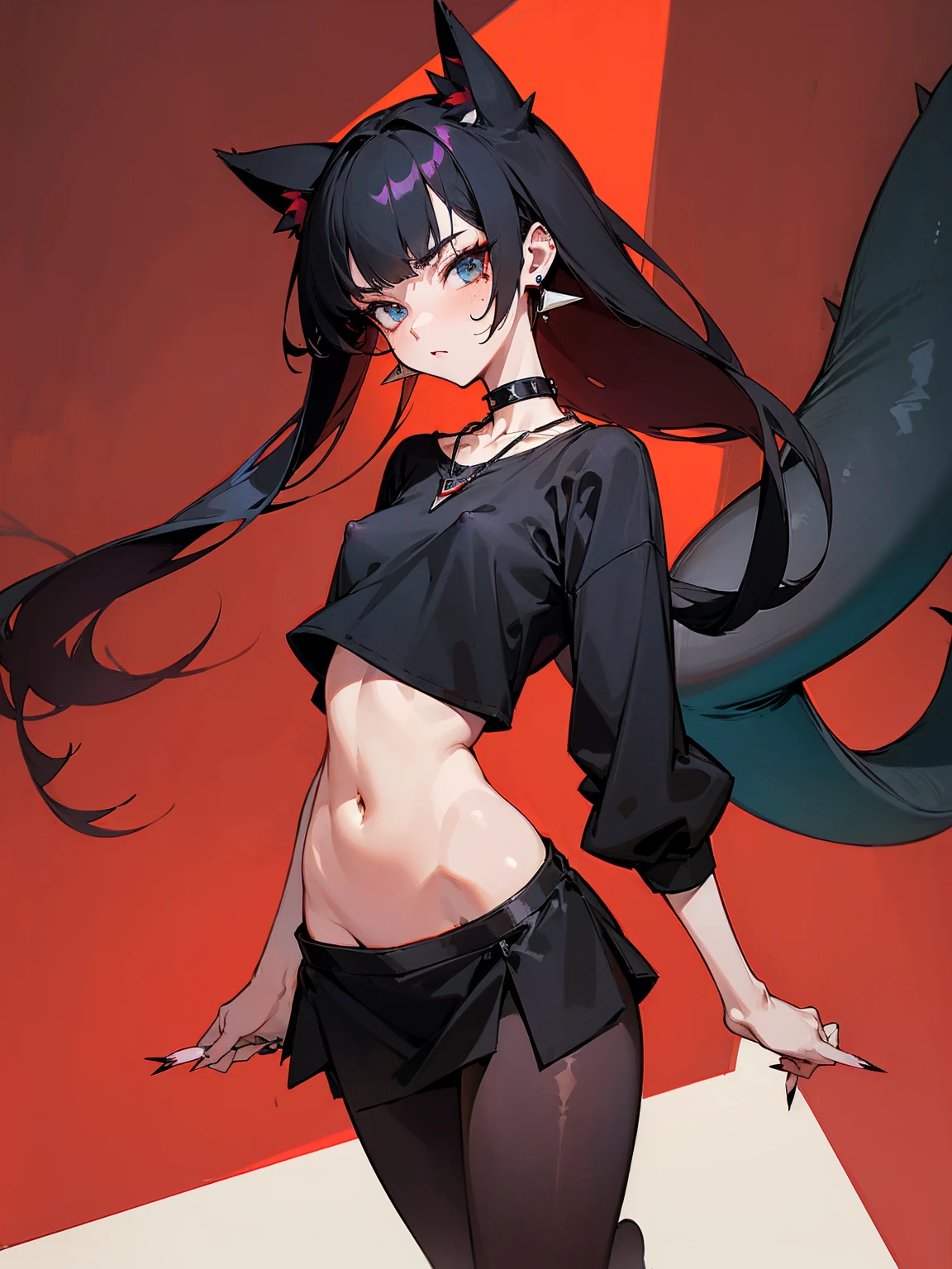 ((Long Straight Black hair)), Perfect face, Choker, Punk earrings, ((Tall)), ((High Quality)), Necklace, ((Mature)), Pretty Eyes, Sharp Nails, Bangs, ((1 Girl)), ((Multiple Earrings)), 1 girl, Spiky Earrings, Adult, Spiked Collar, Thin Eyelashes, Plain Background, Red Colors in Background, Shark Girl, Long Tail, Large Tail, Massive Tail, Shark Tail, ((Sweatpants)), ((Loose Crop Top)), Close Up, Very Short Mini Skirt, Tall, Long Legs, Dynamic Pose, Black Tail, 2 moles under left eye, Wide Hips, Pantyhose, Vibrant Colors, Close Up, Sexy, Suggestive, Sexually Suggestive, NSFW, Naked, Nipples, Vagina,