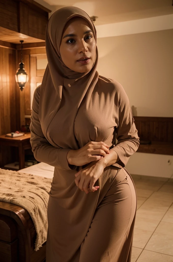 Character for erotic thriller, a middle aged woman (saggy breasts, hijab), sexy, cozy house, mom, cinematic lighting