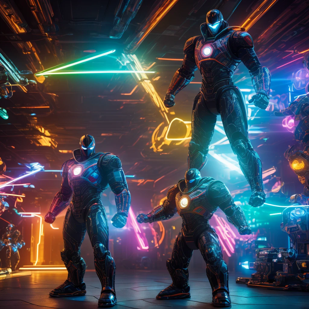 A computer science man superhero, strong fighter controlling the world with his computer and robot sidekick, in a bright theme in a room with monsters around, masterpiece, hyper detailed, cinematic lighting, dramatic pose, dynamic composition, colorful, vibrant colors, glossy, intricate details, photorealistic, 8k, sharp focus, physically-based rendering, concept art, digital art